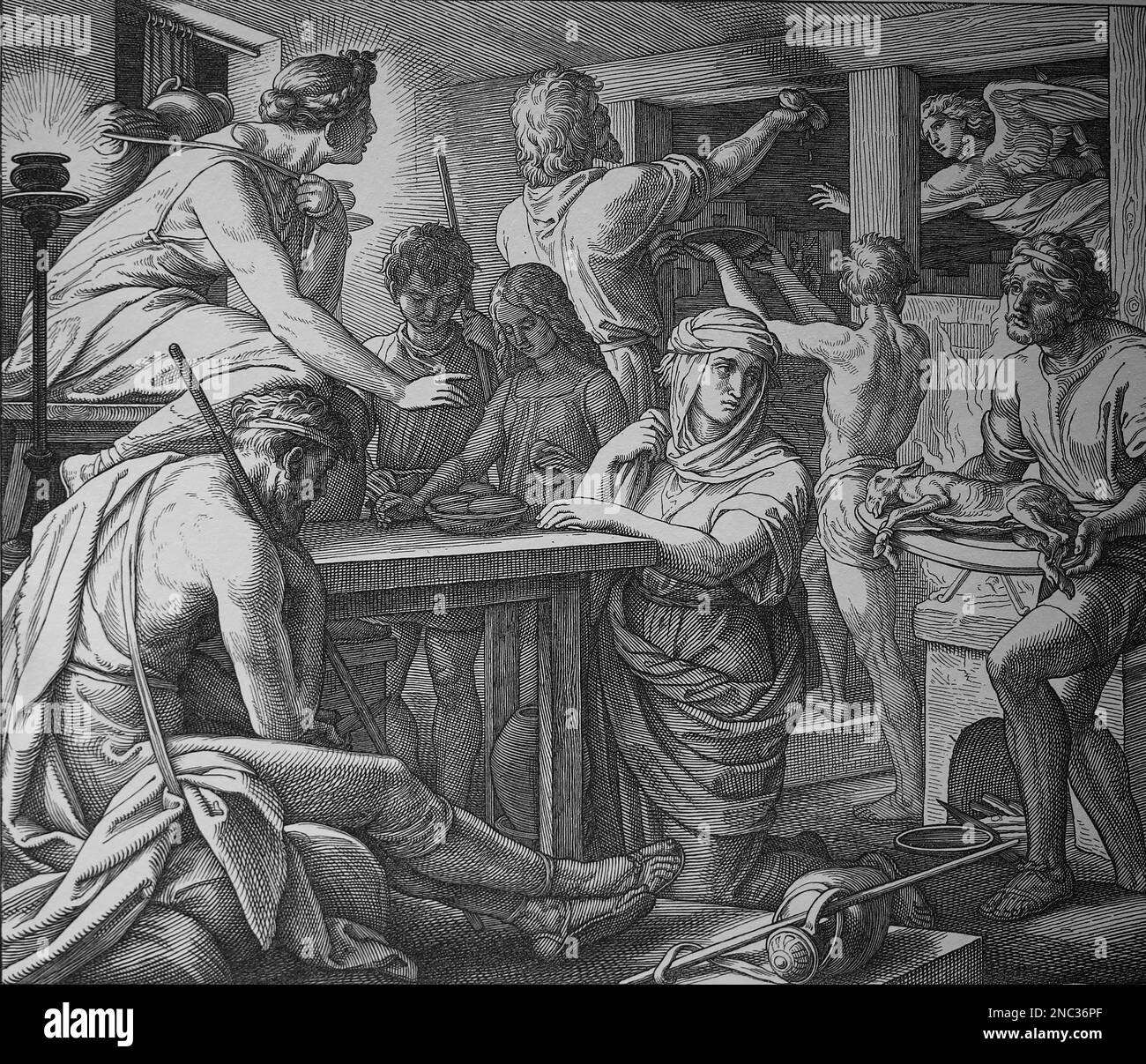 Bible. Exodus. the Passover,  lamb eaten before Israelite left the slavery in Egypt. Engraving.e Stock Photo