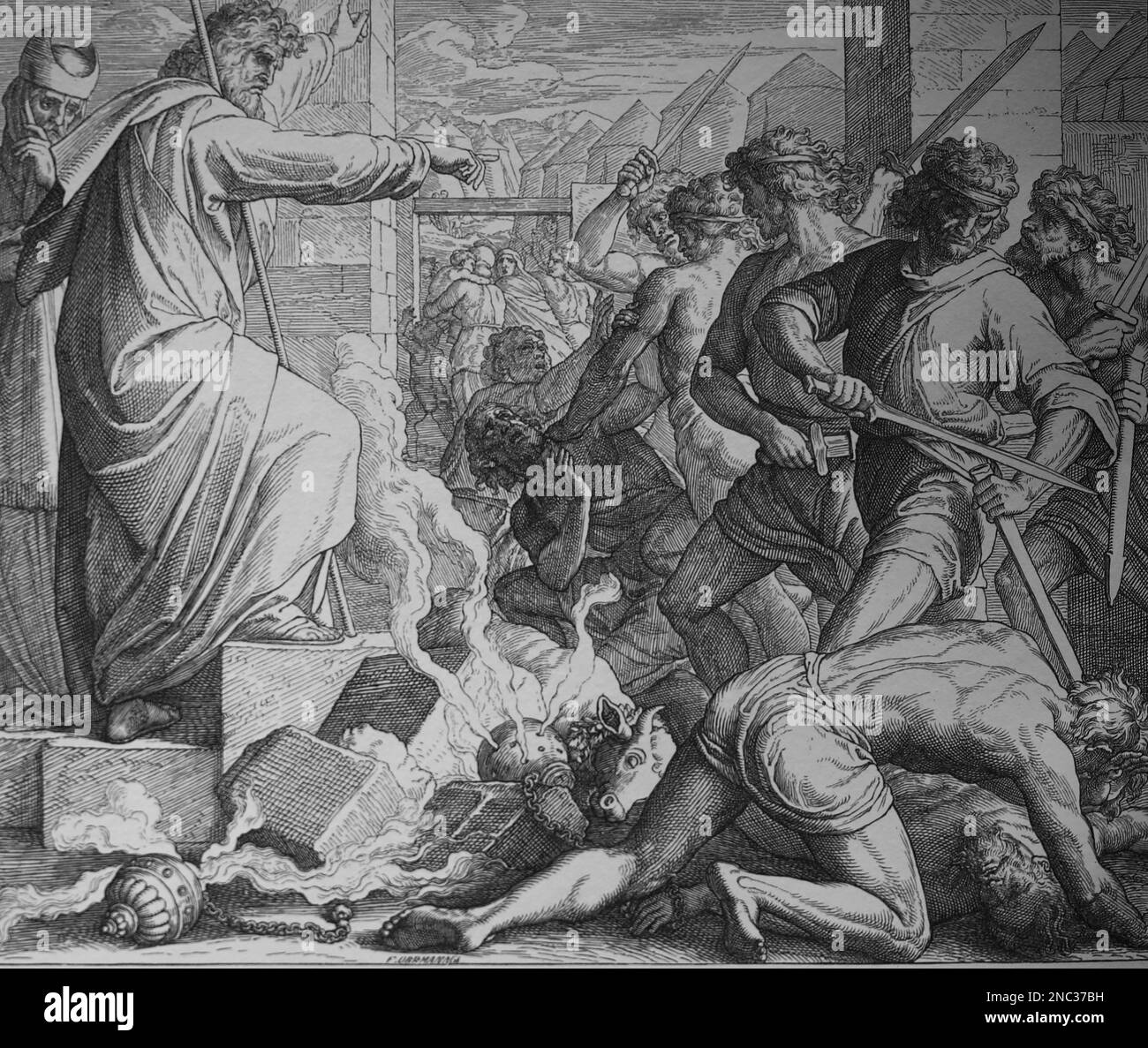 The lord orders Moses to punish idolatry of the people. Exodus. Bible. Engraving. Stock Photo