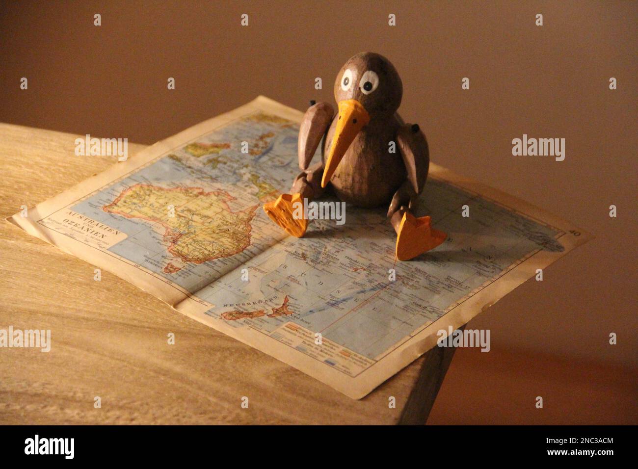 A toy bird on a map of an unknown region, atop a wooden desk Stock ...