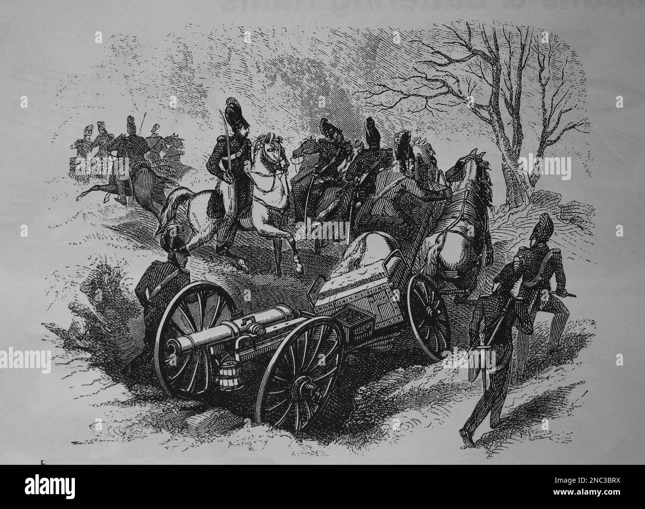 Europe. Soldiers transporting an artillery piece to battle. 19th century. Engraving. Stock Photo