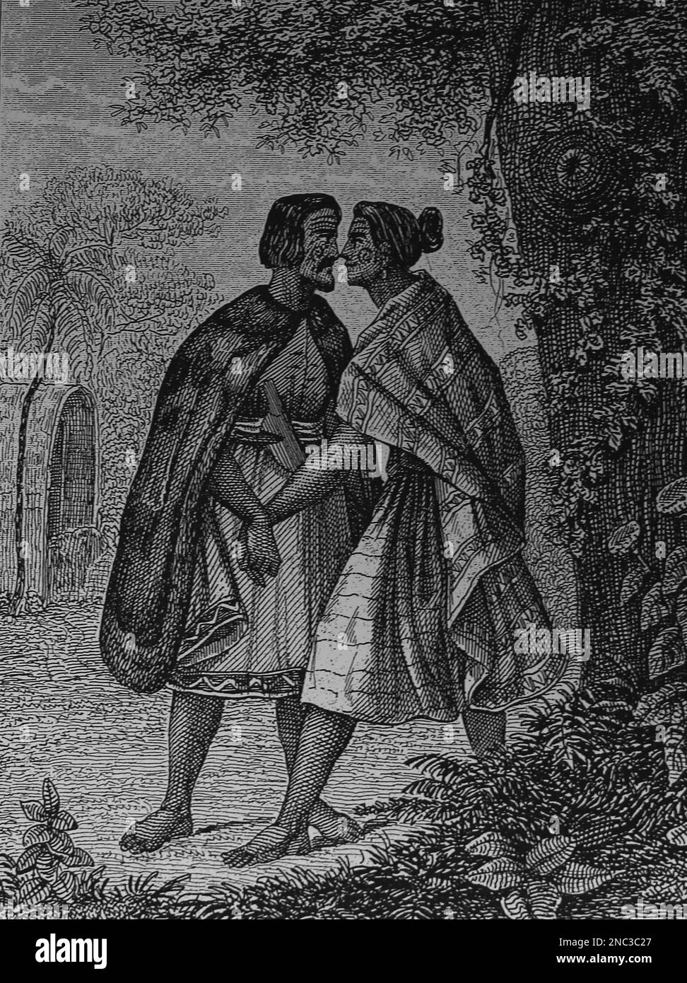 New Zealand. The traditional Maori greeting, the hongi. Pressing noses. Engraving. 19th century. Stock Photo