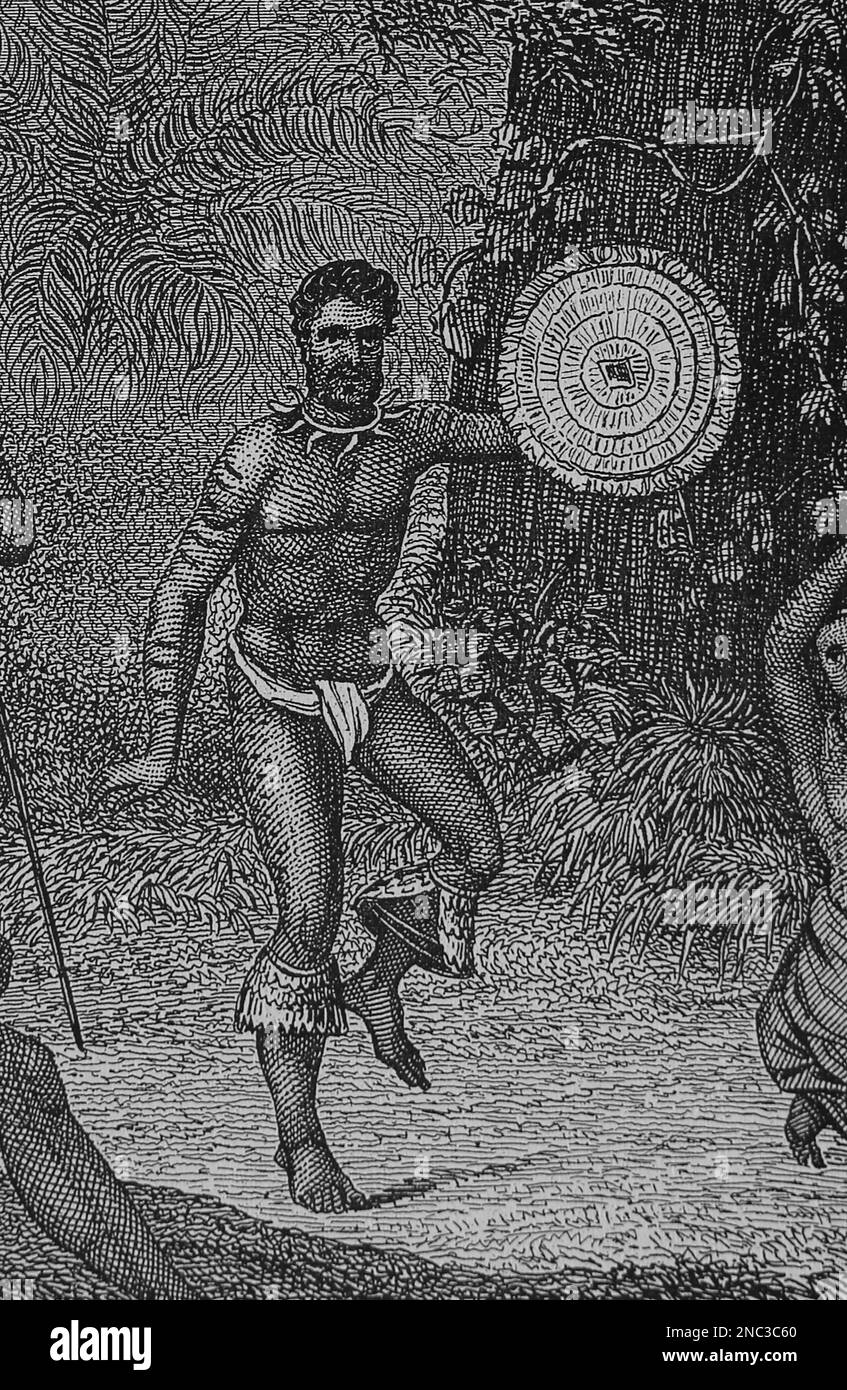 Warrior of the Island of Hawai. Engraving. 19th century. Stock Photo