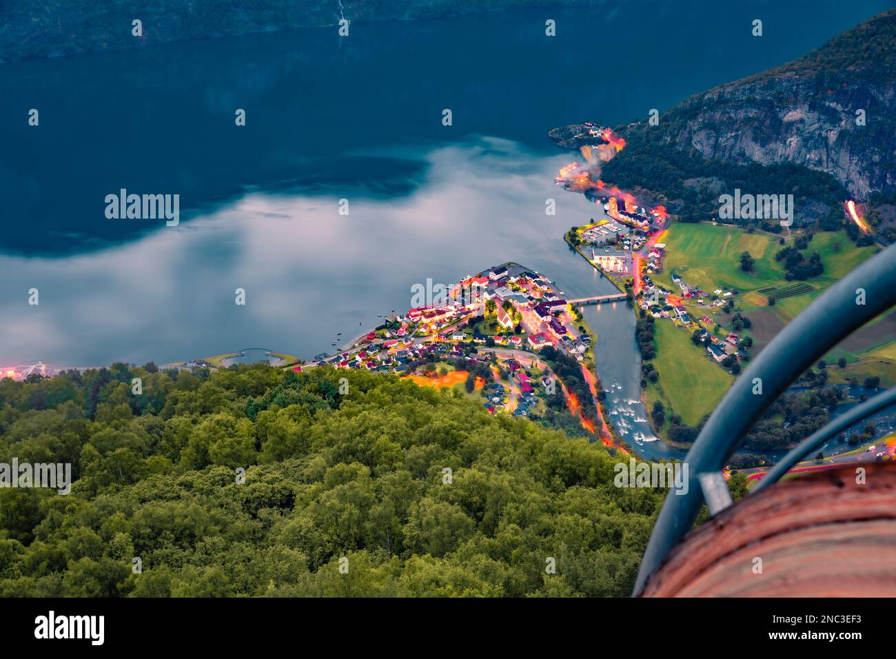 View from the bird eyes of Aurlandsvangen village, municipality of Aurland in Sogn og Fjordane county, Norway. Picturesque evening scene of Sognefjord Stock Photo