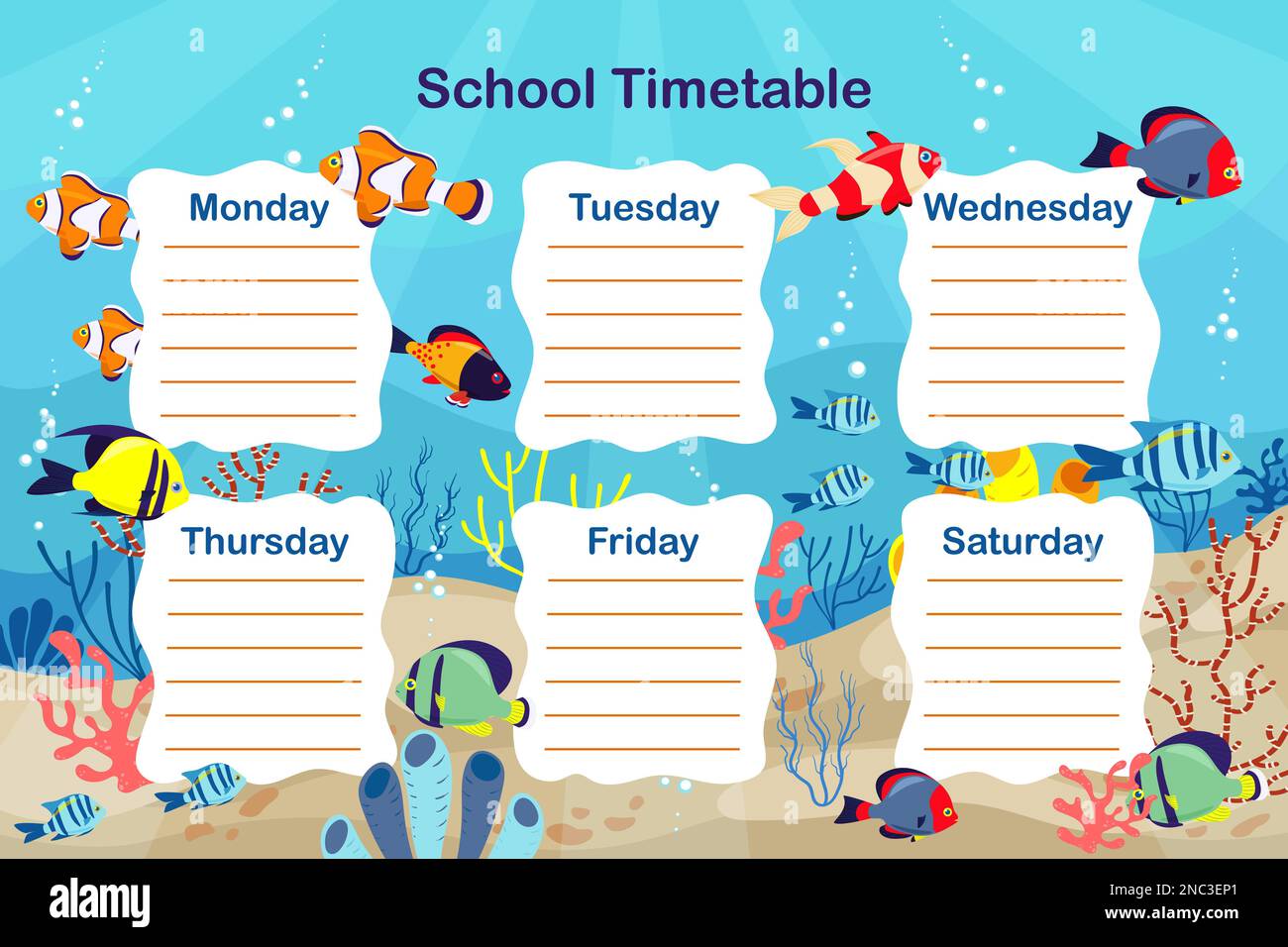 School timetable sea theme design fish corals vector template. Weekly lesson schedule printable template Stock Vector