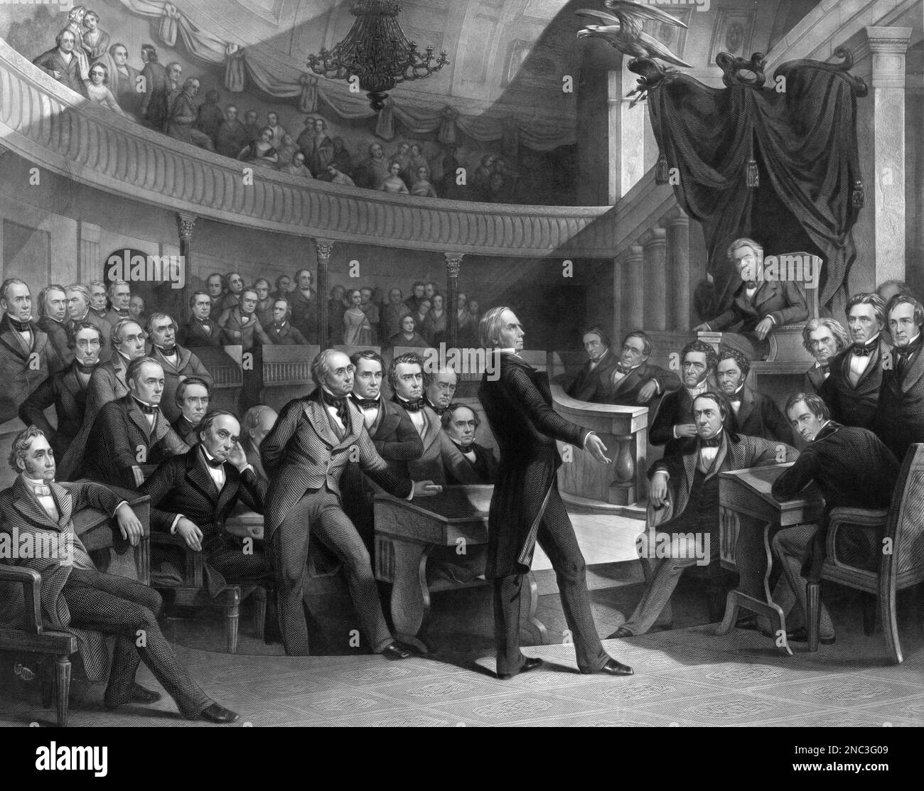 Henry Clay and the Compromise of 1850. Henry Clay, 'the Great Compromiser,' introduces the Compromise of 1850 in his last significant act as a senator. In a desperate attempt to prevent war from erupting, the 'Great Triumvirate,' of Daniel Webster of Massachusetts, John C. Calhoun of South Carolina, and Clay of Kentucky struggled to balance the interests of the North, South, and West. This image shows all three men, with Clay at center stage, presenting his compromise to the Senate (Wikipedia) Stock Photo