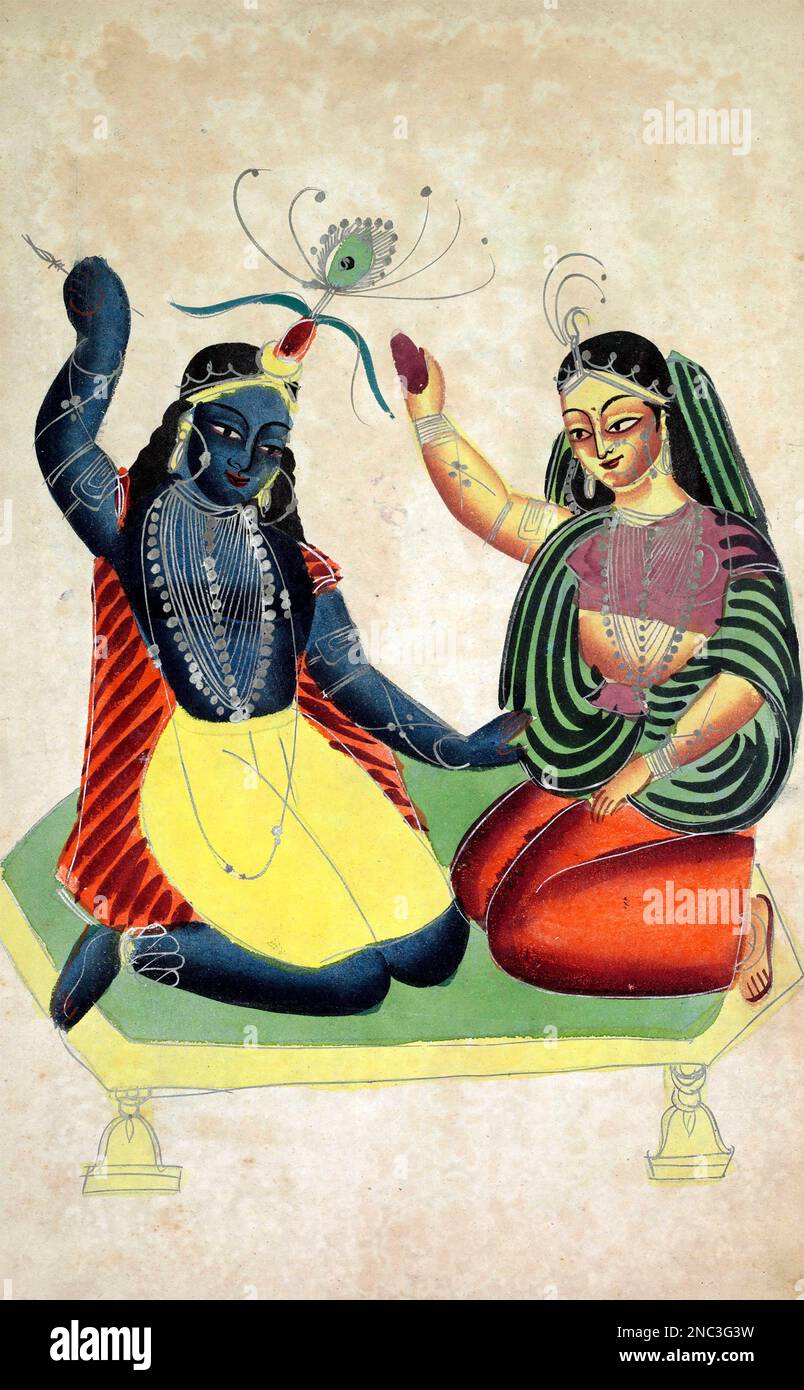 Krishna and Radha, unknown artist, watercolor, graphite, ink, and tin on paper, c. 1890 Stock Photo