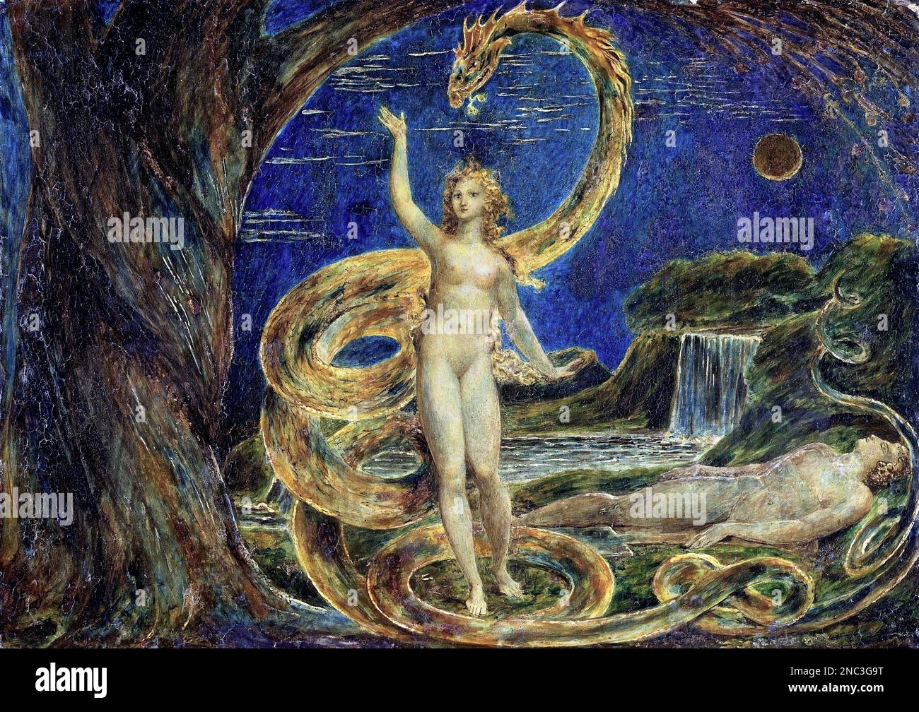 Eve Tempted by the Serpent by William Blake, tempera and gold on copper, c. 1799-1800 Stock Photo