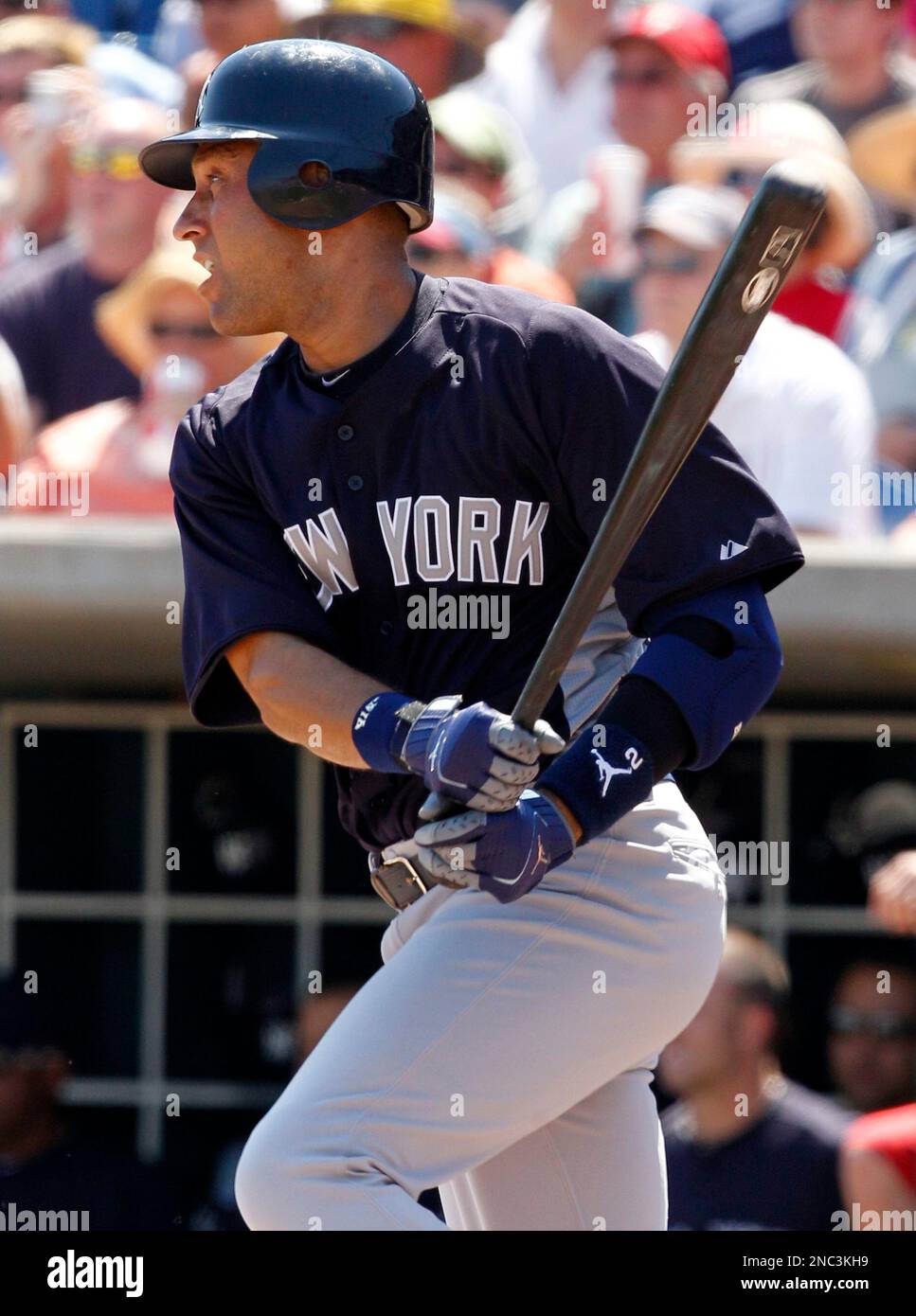 New York Yankees' Derek Jeter bats during a spring training baseball ...