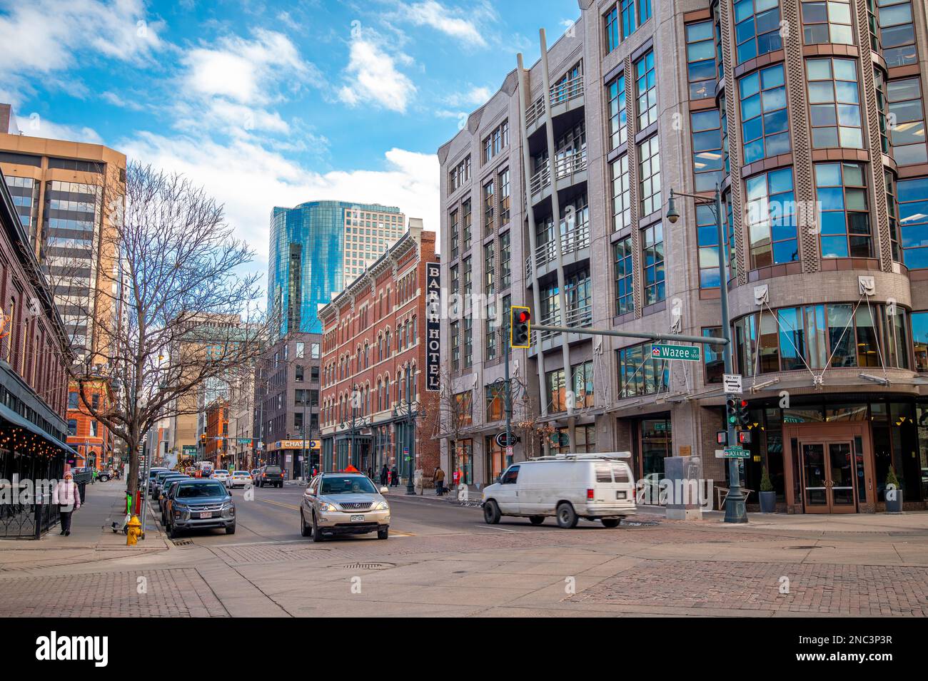 DENVER, COLORADO - FEBRUARY 2023: View of some of the buildings in downtown Denver from Wazee Street near Union Station. Stock Photo