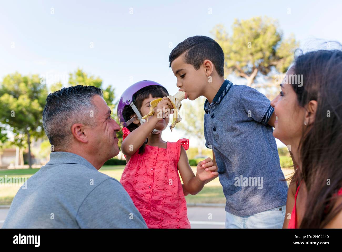 Two kids eating banana with parents sitting outdoors on the grass in a park. Stock Photo