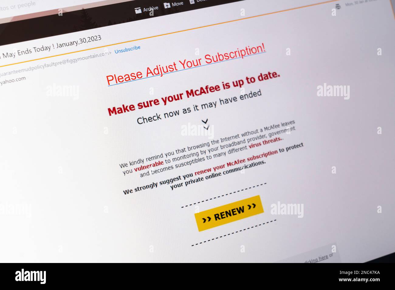 A fake Mcafee antivirus phishing email from scammers on a computer screen, England. Concept: fraud email, fraudulent emails, scam emails, UK fraud Stock Photo