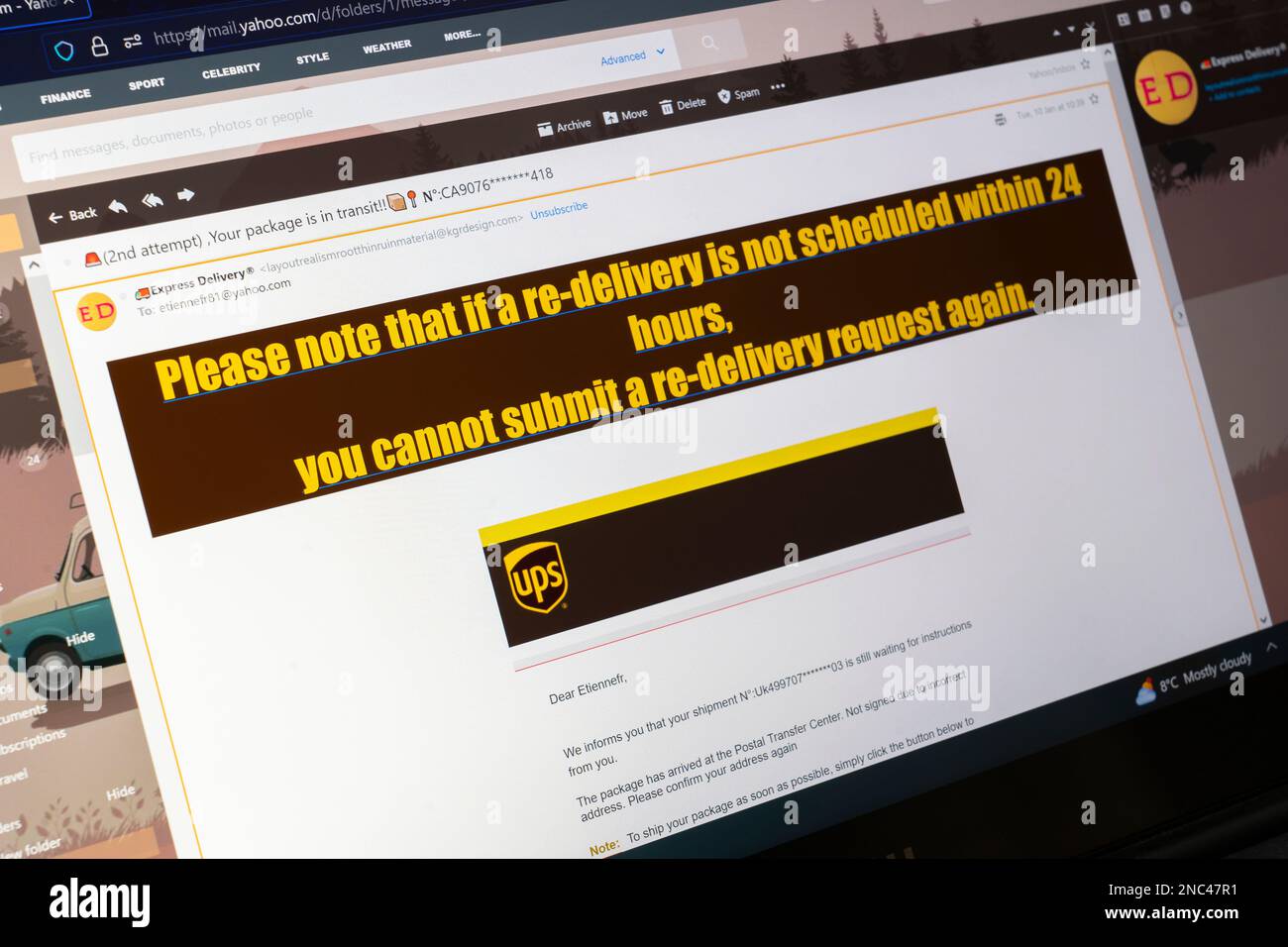 A fake UPS parcel delivery phishing email from scammers on a computer screen, England. Concept: fraud email, fraudulent emails, scam emails, UK fraud Stock Photo