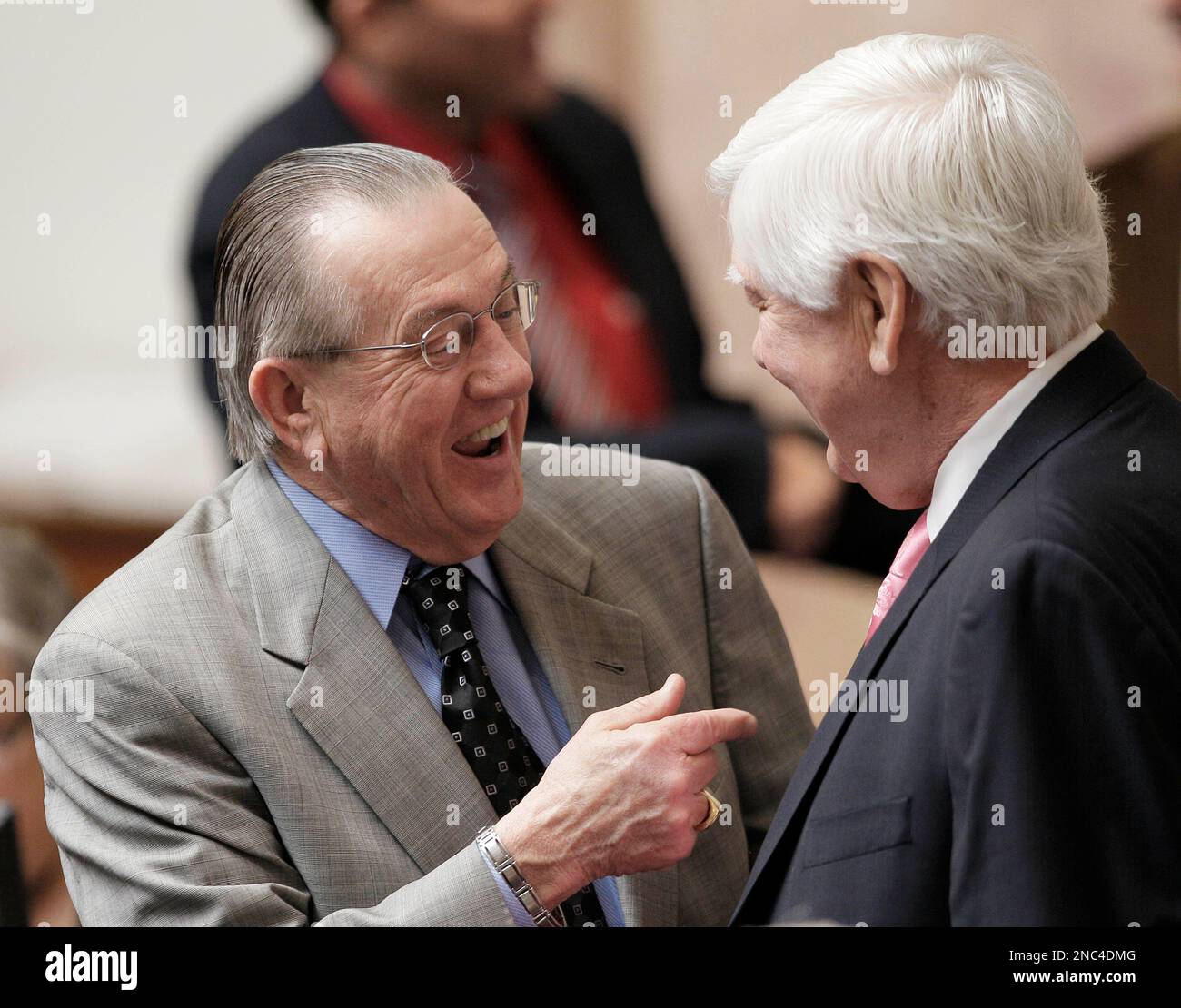Louisville Democrats House Speaker Pro Tem Larry Clark, left, and Rep.  Charles Miller talk on the House floor during the legislative session in  Frankfort, Ky., Wednesday, March 16, 2011. (AP Photo Stock