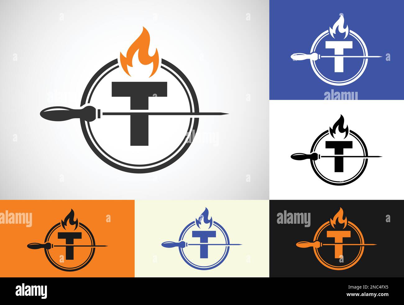 Initial T letter alphabet with a skewer and fire flame. Logo design for ...