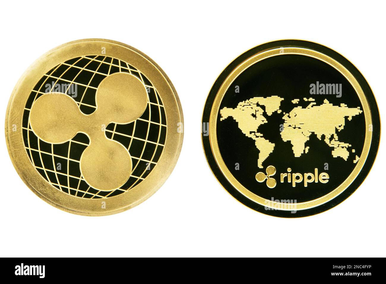 Two faces of the black version of digital ripple coin isolated on a white background Stock Photo
