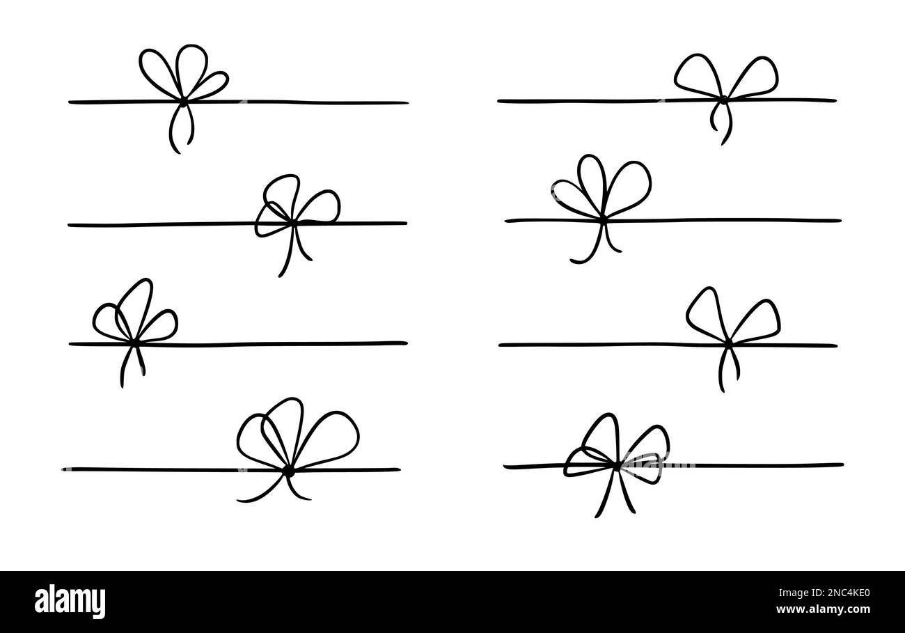 Bow gift ribbon line simple element set. Hand drawn doodle stroke