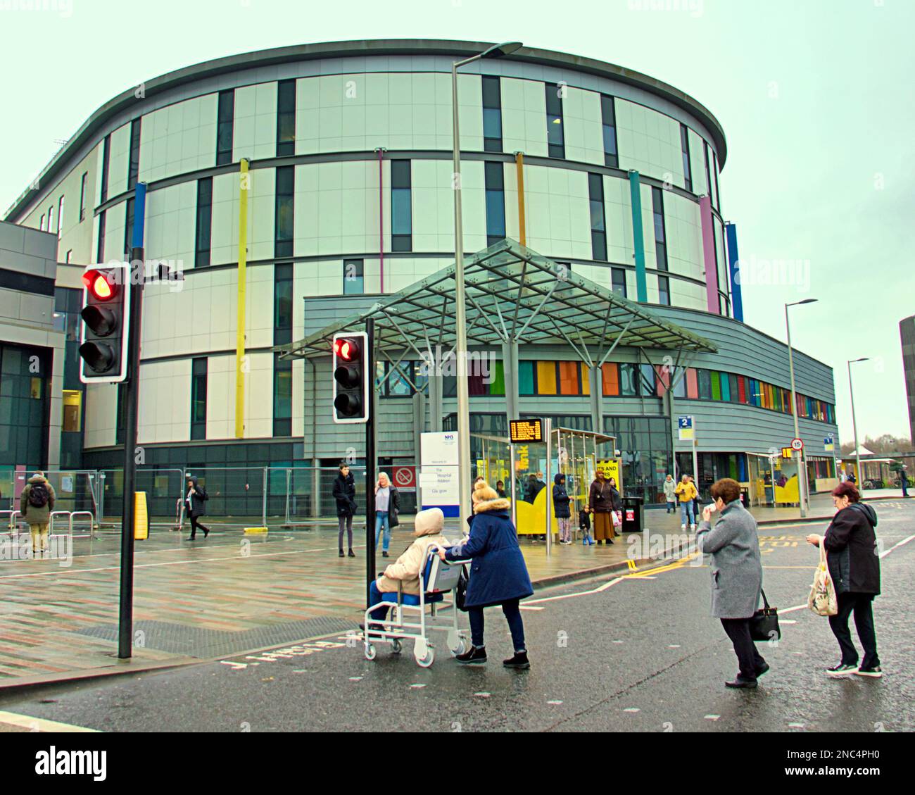 Glasgow, Scotland, UK  14th February, 2023.  Queen Elizabeth University Hospital, Royal Hospital for Children Much maligned hospital beside the sewage works won an award today, the golden hip award for patient care for premier results amongst Scottish hospitals for hip care. A much needed morale boost for staff at the hospital Credit Gerard Ferry/Alamy Live News Stock Photo