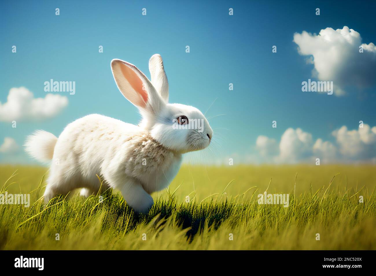 Cute Bunny rabbit running through a dreamy field at Easter during the