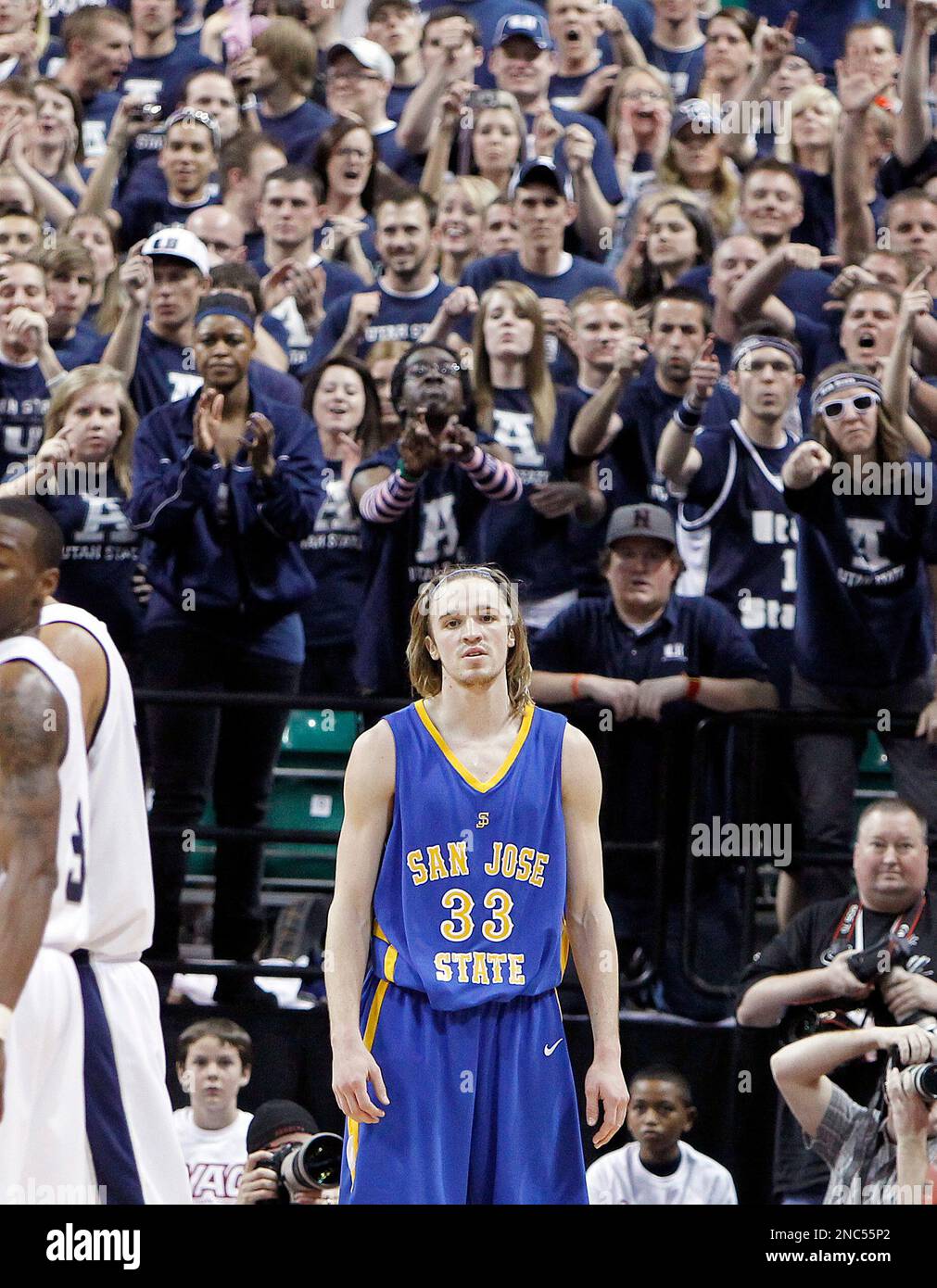 San Jose State's Justin Graham reacts after fouling out in the final minute  of the second half of an NCAA college basketball game in the Western  Athletic Conference tournament semifinals Friday, March