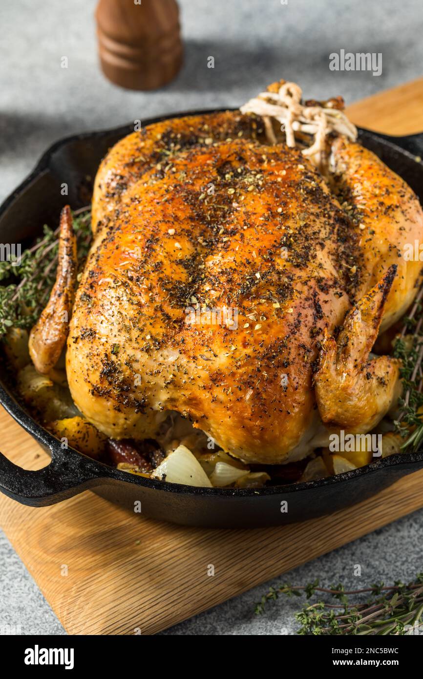 Homemade Whole Roasted Skillet Chicken Dinner with Vegetables Stock