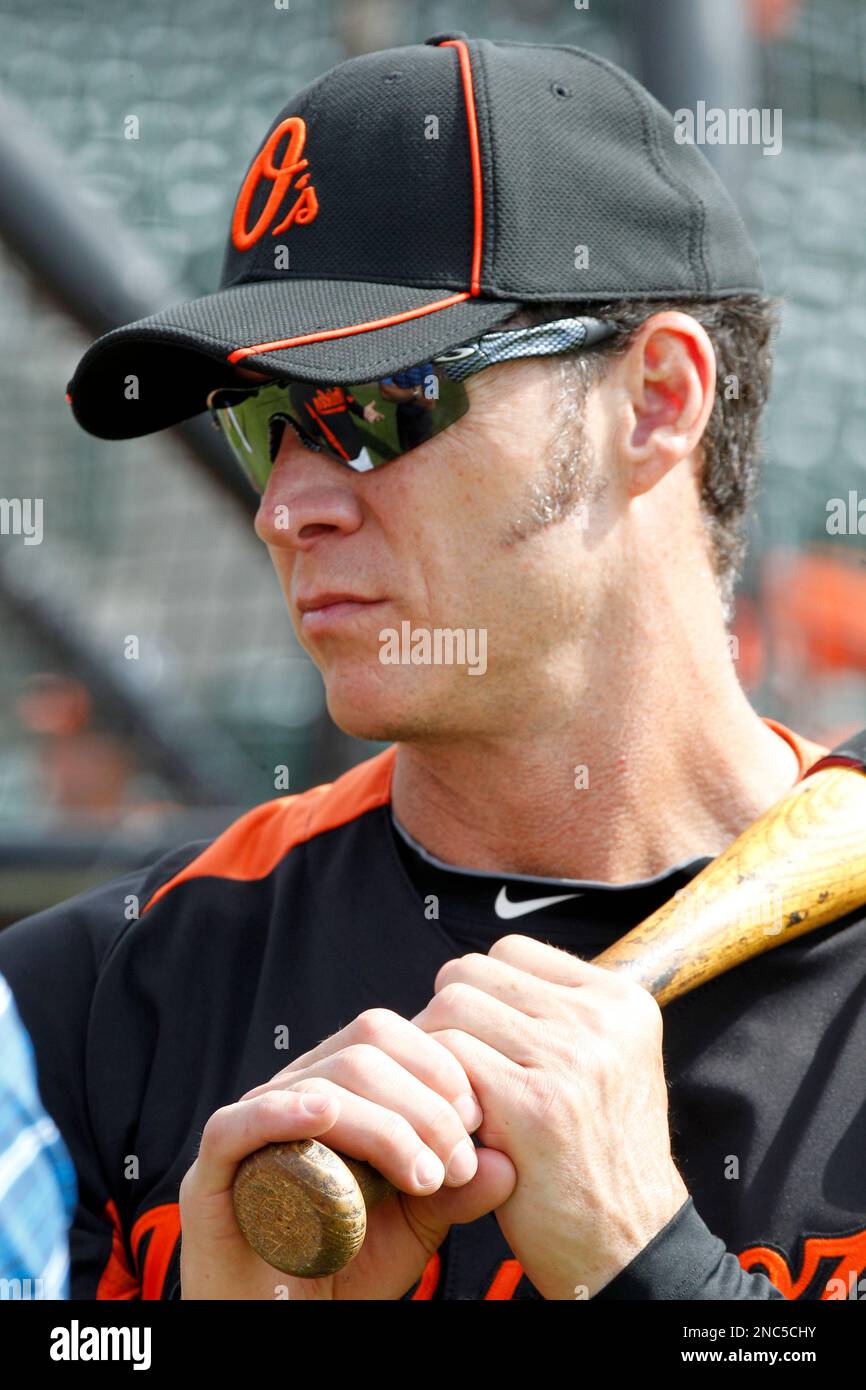 Baltimore Orioles' Brady Anderson waits to hit during a pre-game workout  before a spring training baseball game against the Minnesota Twins in  Sarasota, Fla., Wednesday, March 9, 2011. (AP Photo/Gene J. Puskar