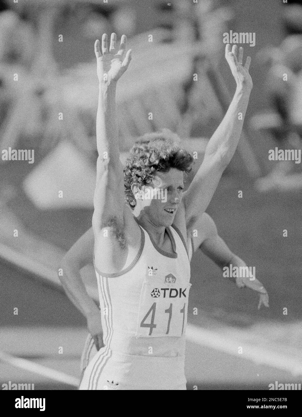 Jarmila Kratochvilova of Czechoslovakia riases her arms celebrating her