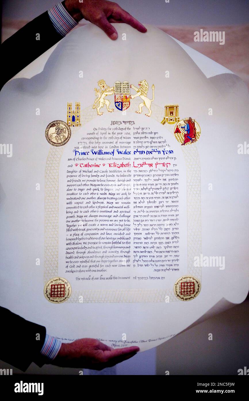 Artist Mike Horton holds a scroll written in the style of a Ketubah, a  traditional Jewish wedding scroll, he made for Britain's Prince William and  fiance Kate Middleton's upcoming royal wedding, before, image size:866x1390