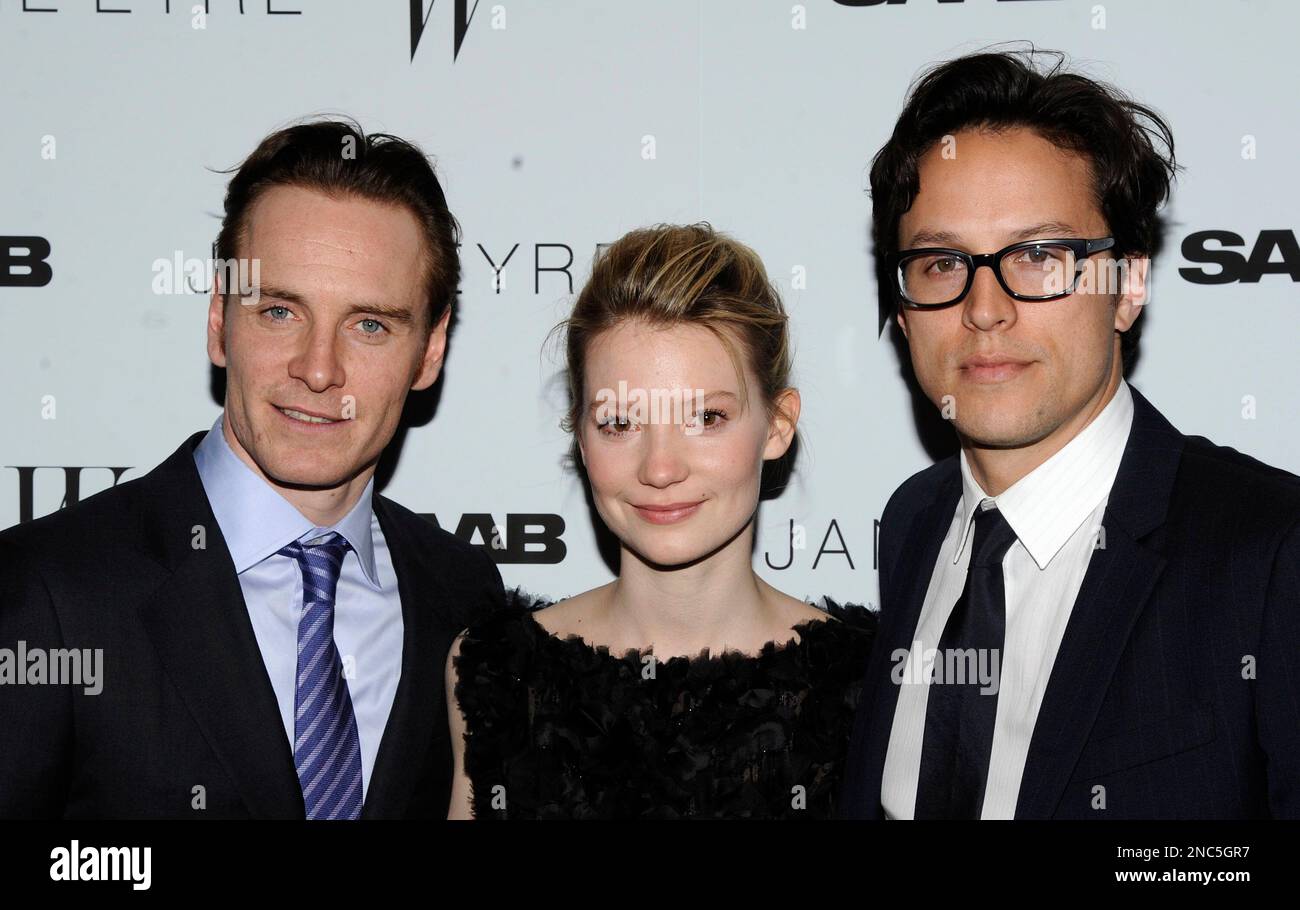 From left, actors Michael Fassbender, Mia Wasikowska and director Cary  Fukunaga attend the premiere of \, image size:1300x910