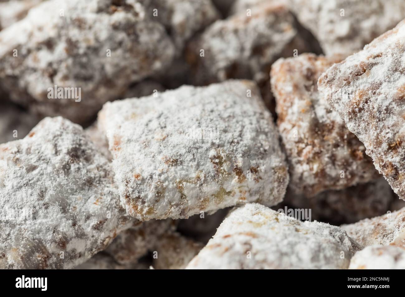 Homemade Sweet Muddy Buddy Puppy Chow with Peanut Butter and Chocolate Stock Photo