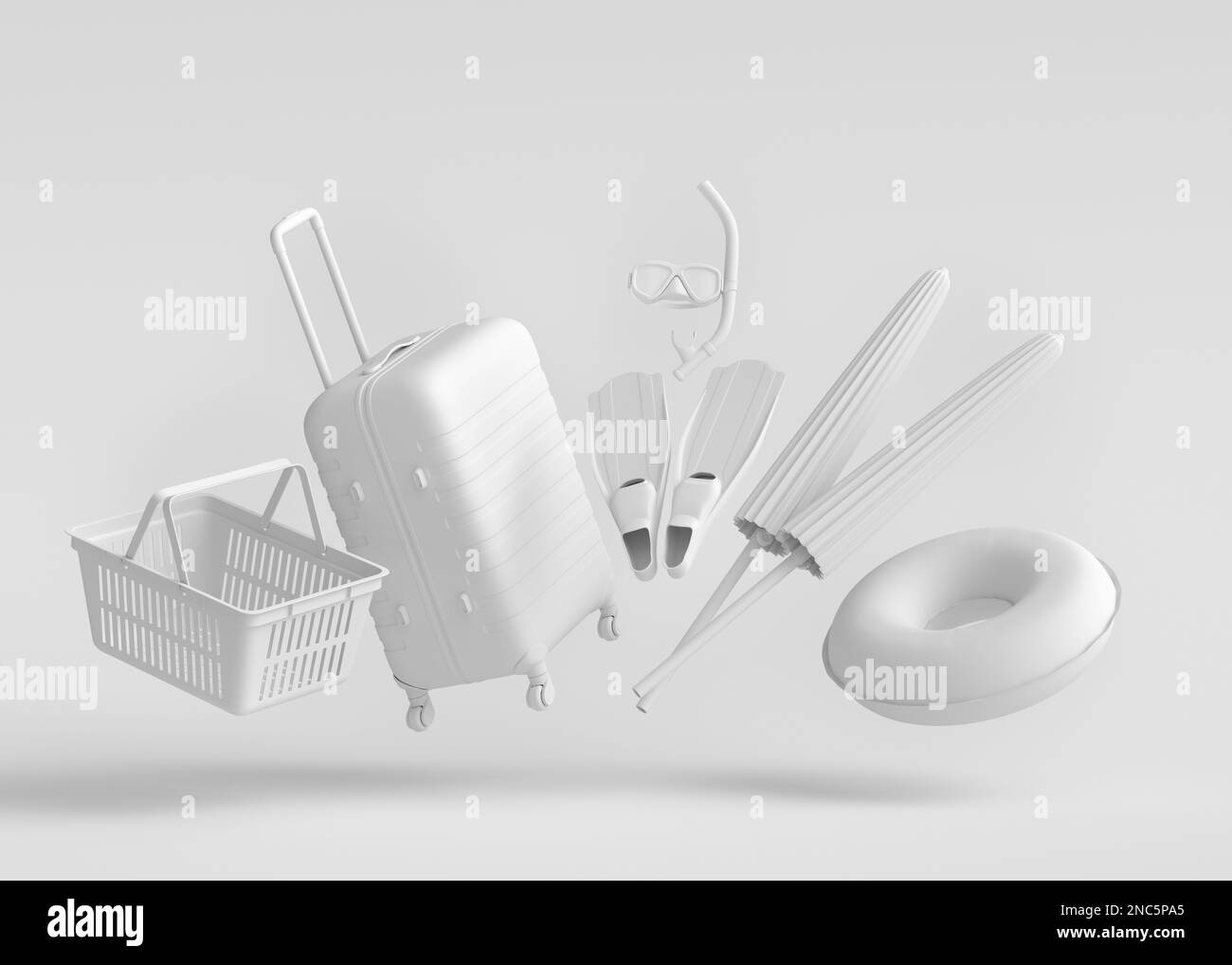 Colorful luggage with beach accessories and shopping basket flying on