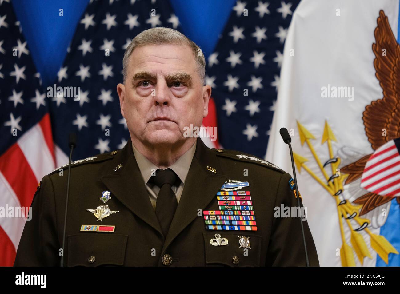 Brussels, Belgium. 14th Feb, 2023. US Chairman of the Joint Chiefs of Staff, General Mark Milley speaks during a press conference at the NATO Headquarters in Brussels, Belgium on February 14, 2023. Credit: ALEXANDROS MICHAILIDIS/Alamy Live News Stock Photo