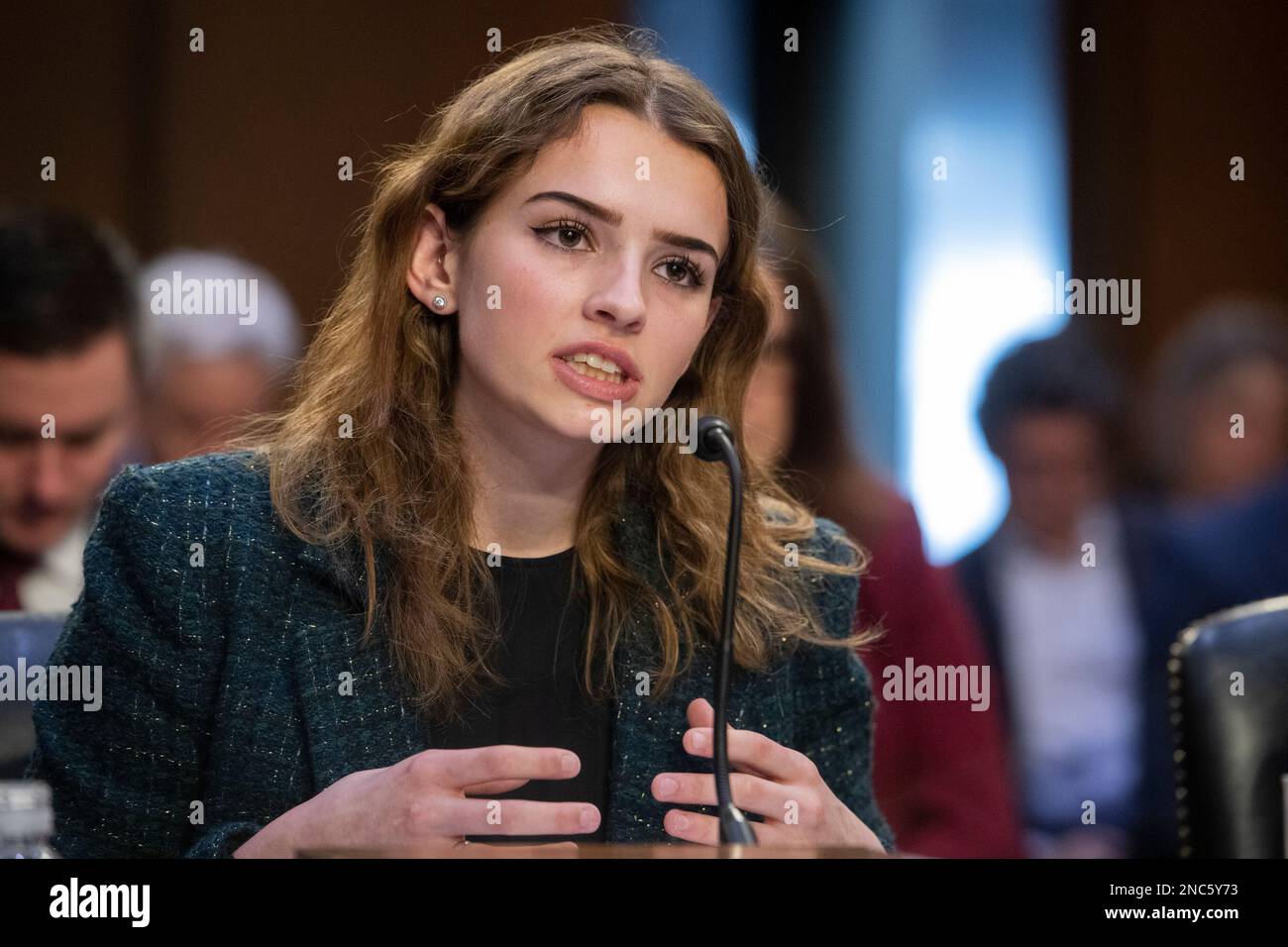 Washington, Vereinigte Staaten. 14th Feb, 2023. Emma Lembke, Founder Log Off Movement, responds to questions during a Senate Committee on the Judiciary hearing to examine protecting our children online, in the Hart Senate Office Building in Washington, DC, Tuesday, February 14, 2023. Credit: Rod Lamkey/CNP/dpa/Alamy Live News Stock Photo