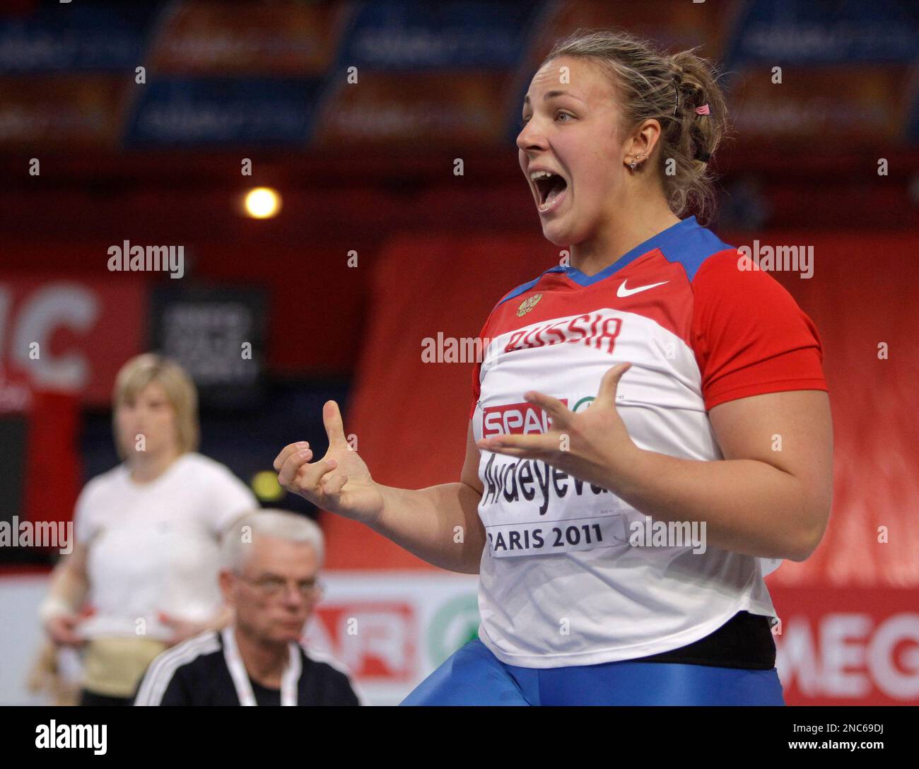 Russia's Anna Avdeyeva reacts as she competes on her way to winning the ...