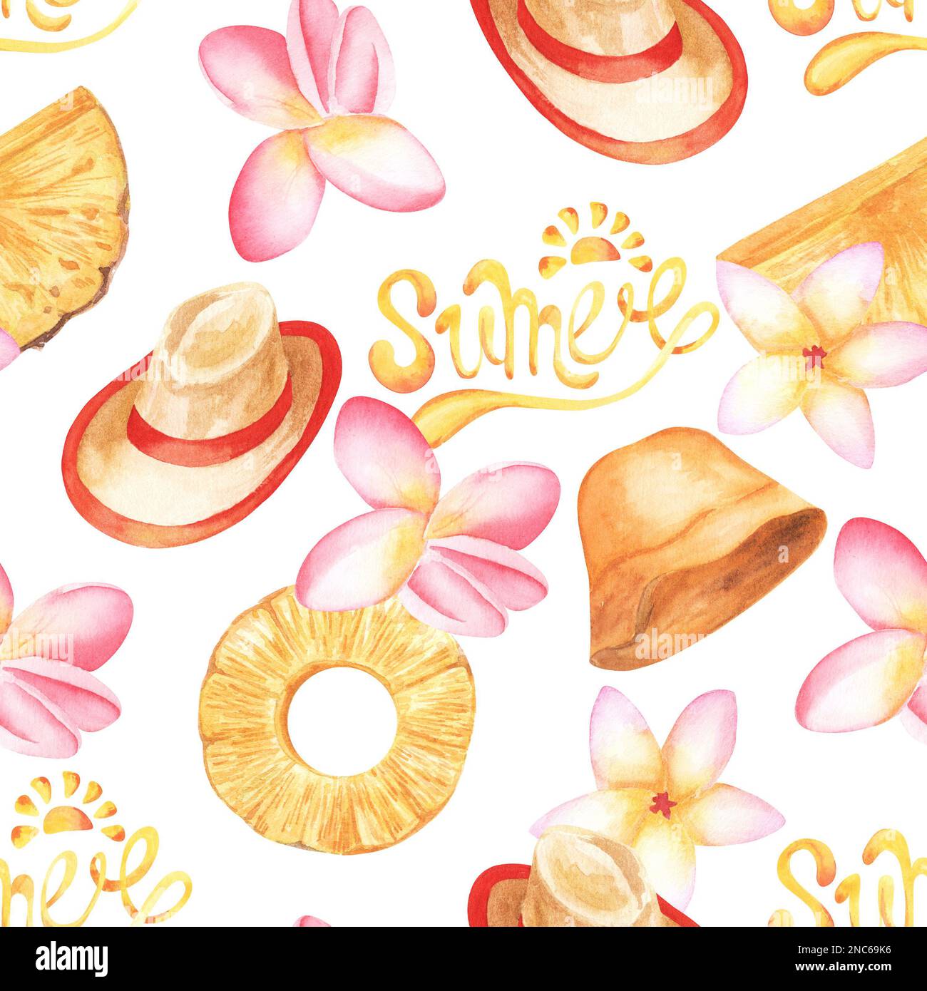 Summer tropical seamless watercolor pattern pineapple watermelon, hat ...