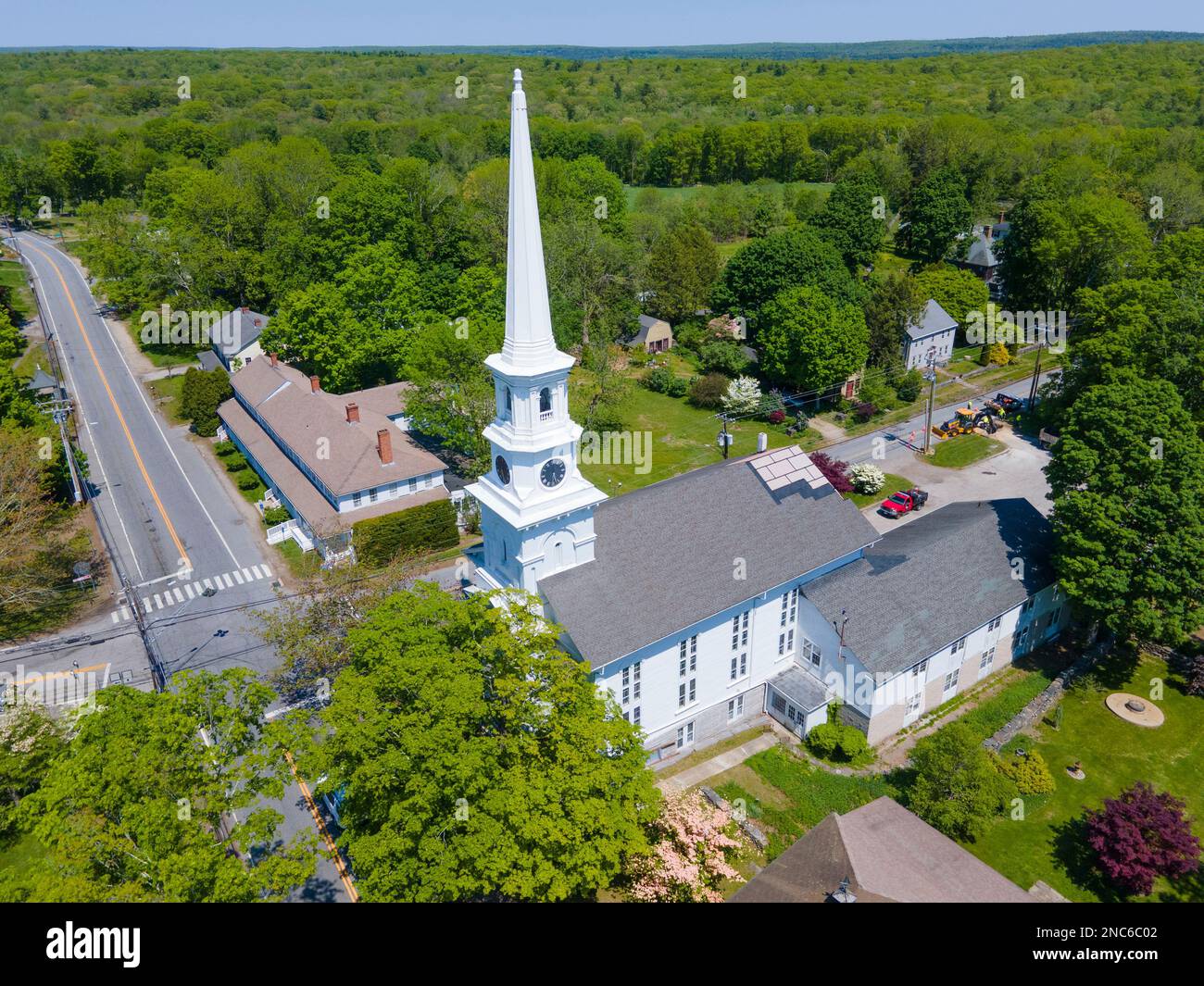 Thompson Hill Historic District aerial view including Congregational church and town common in