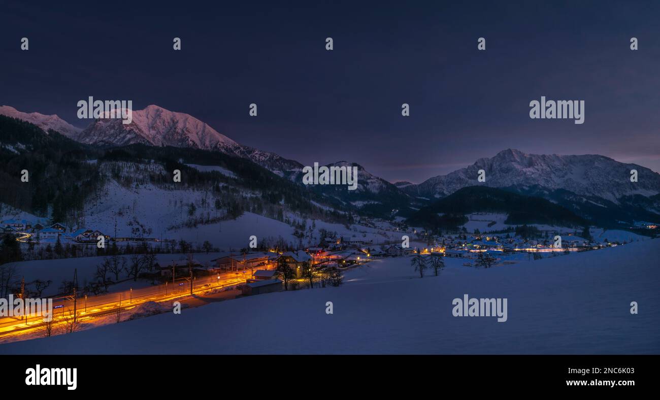 Winter evening over Spital am Pyhrn in Austria with railway small station Stock Photo