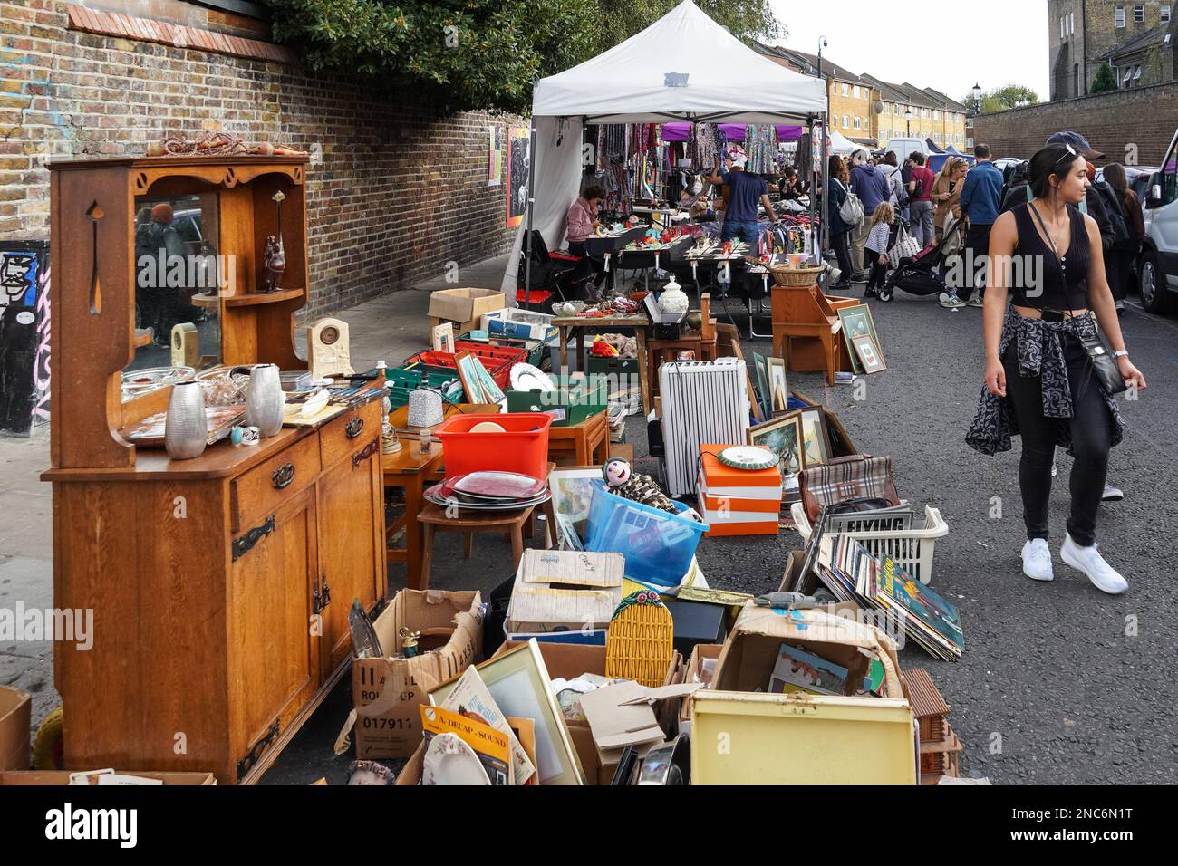 Second hand stalls in Portobello Road Market in Notting Hill, London