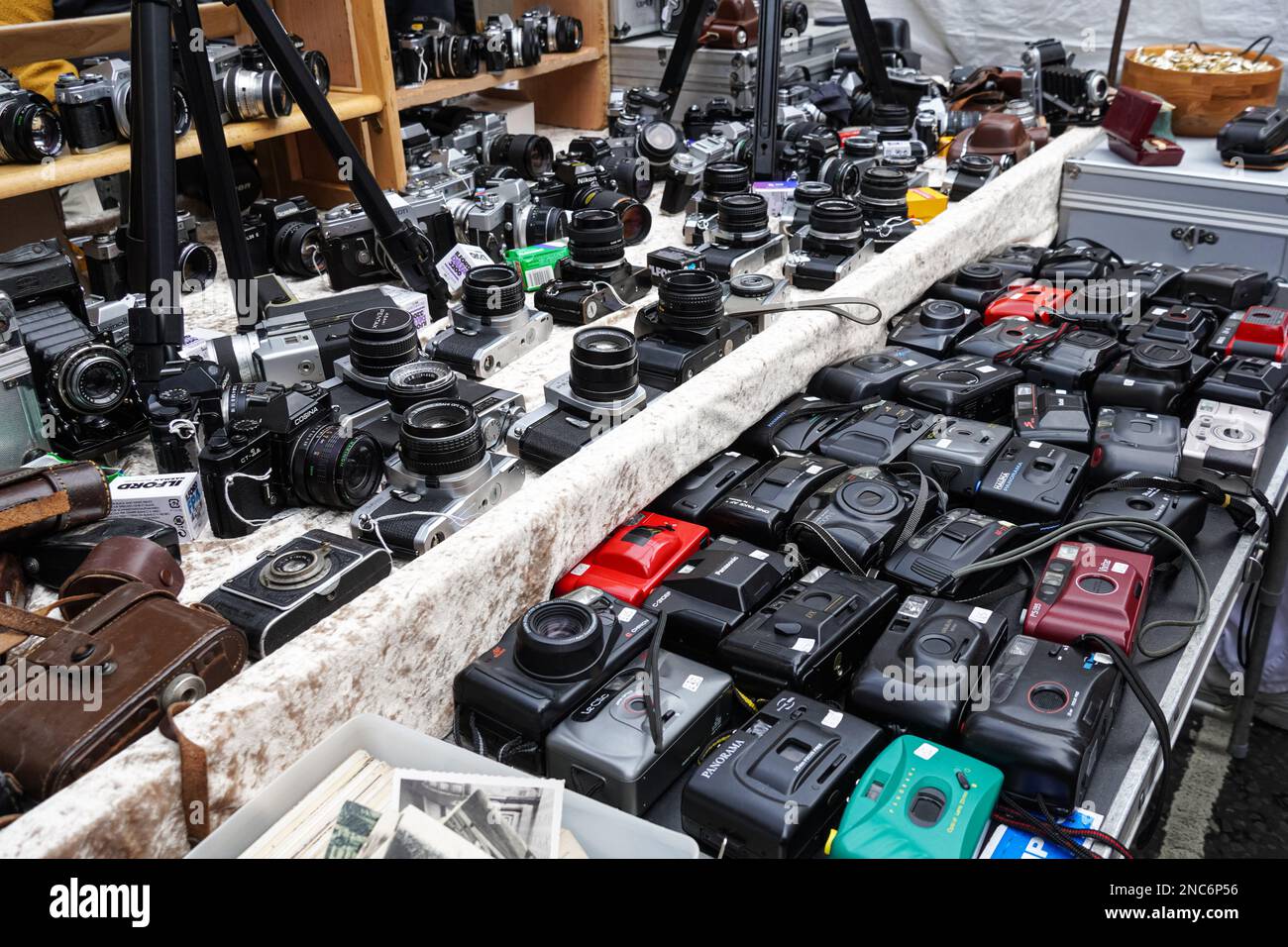 Stall with second hand cameras in Portobello Road Market in Notting Hill, London England United Kingdom UK Stock Photo