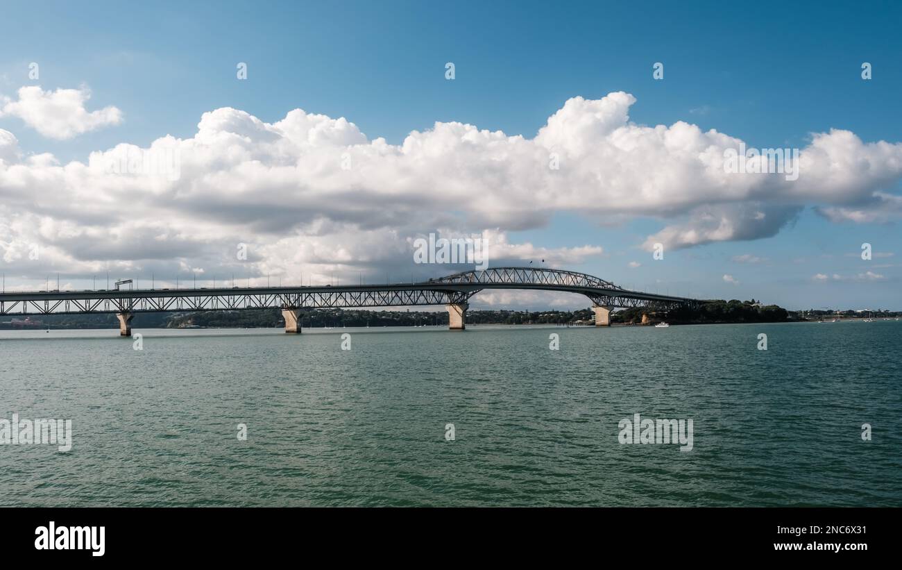The Auckland Harbour Bridge, an eight-lane motorway bridge joining St Marys Bay and Northcote over Waitemata Harbour in New Zealand Stock Photo