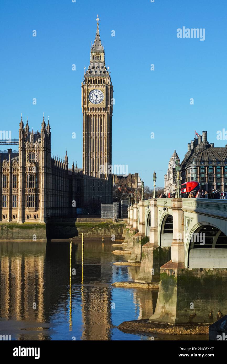 River Thames with Westminster Bridge, the Big Ben clock tower and the Palace of Westminster, London England United Kingdom UK Stock Photo