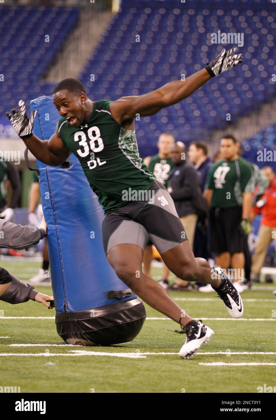 Rice defensive end Cheta Ozougwu runs a drill at the NFL football