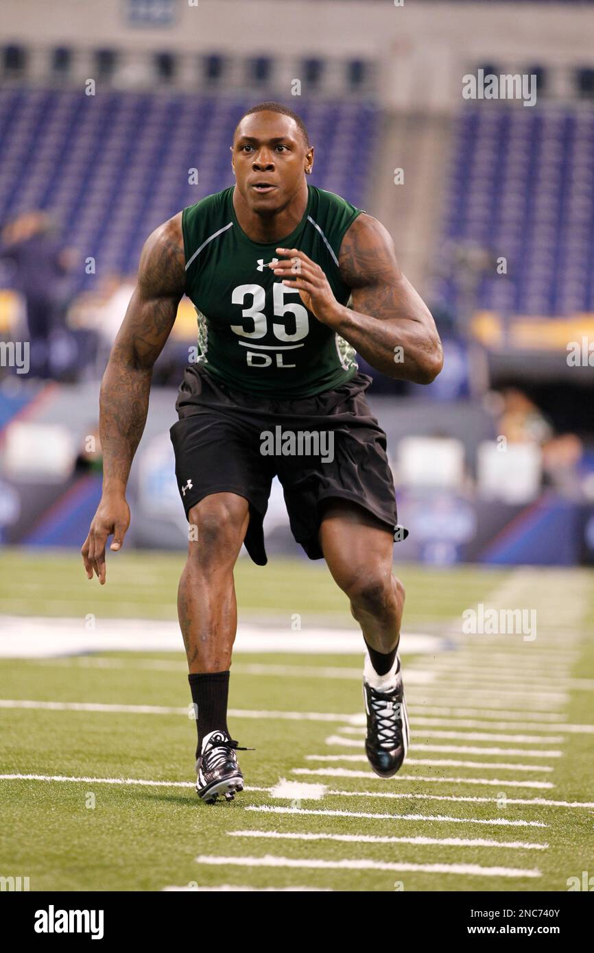 Nevada defensive end Dontay Moch runs a drill at the NFL football ...