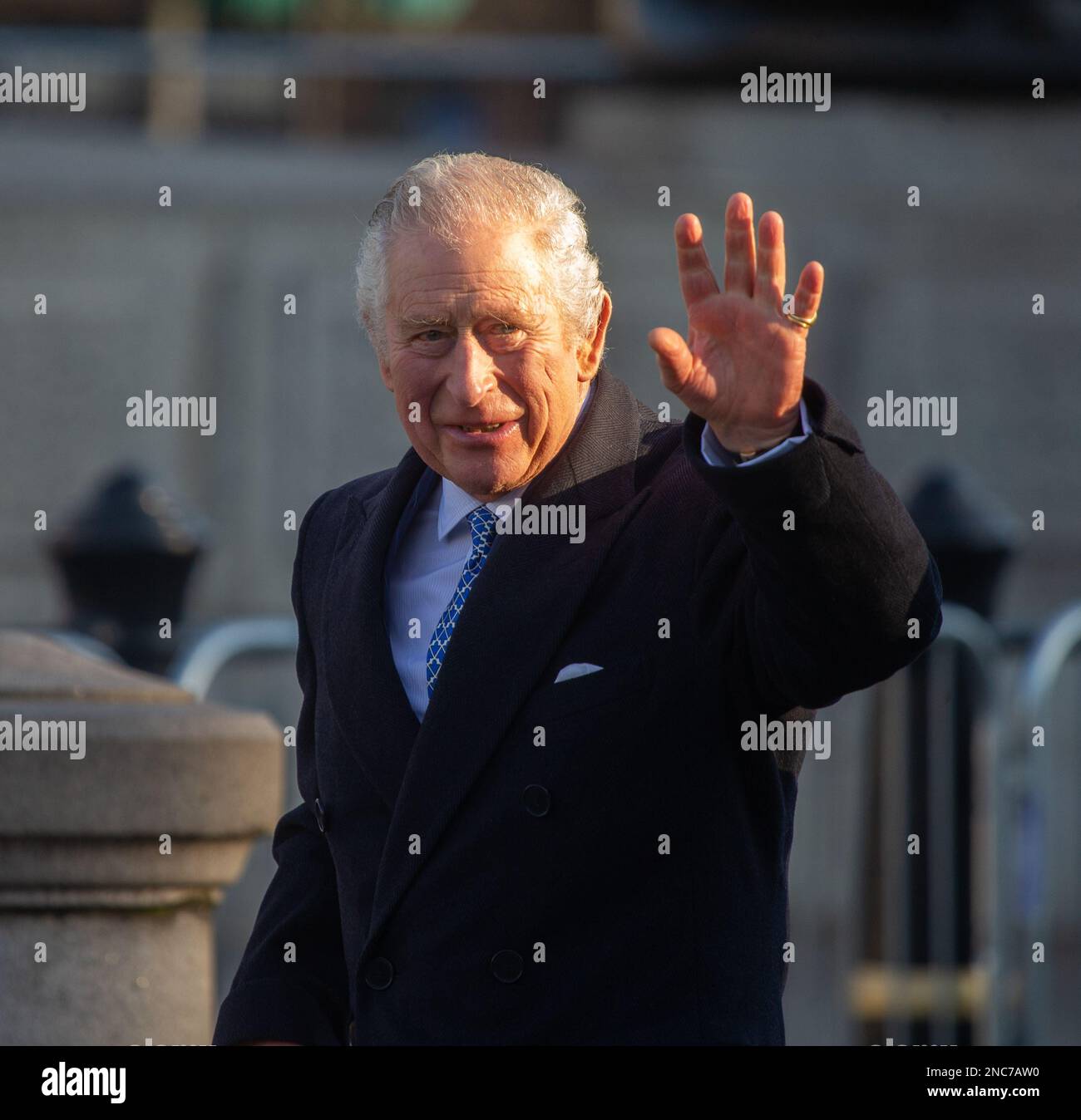 London, England, UK. 14th Feb, 2023. KING CHARLES III visits The Syria House, a temporary Syrian community tent in Trafalgar Square, central London, where members of the Syrian community can get together to support those affected by the recent earthquakes in north-west Syria. (Credit Image: © Tayfun Salci/ZUMA Press Wire) EDITORIAL USAGE ONLY! Not for Commercial USAGE! Stock Photo