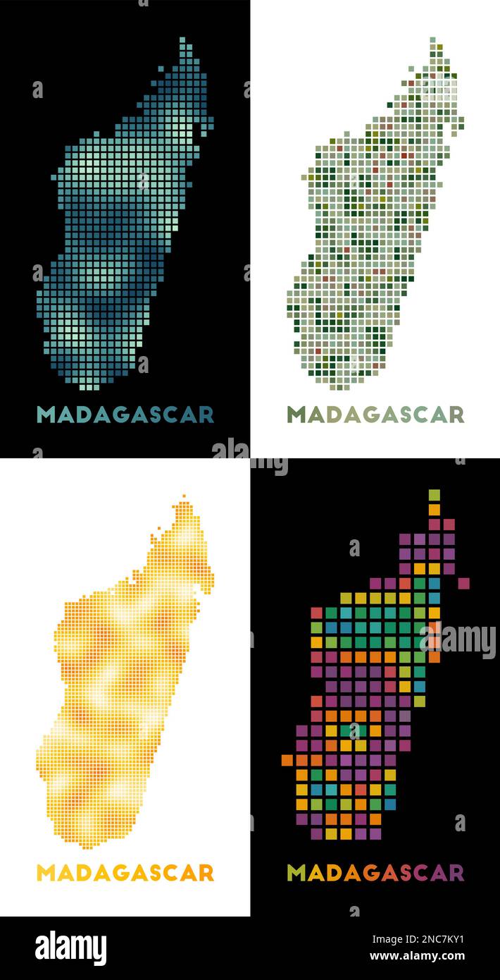 Madagascar map. Collection of map of Madagascar in dotted style. Borders of the country filled with rectangles for your design. Vector illustration. Stock Vector
