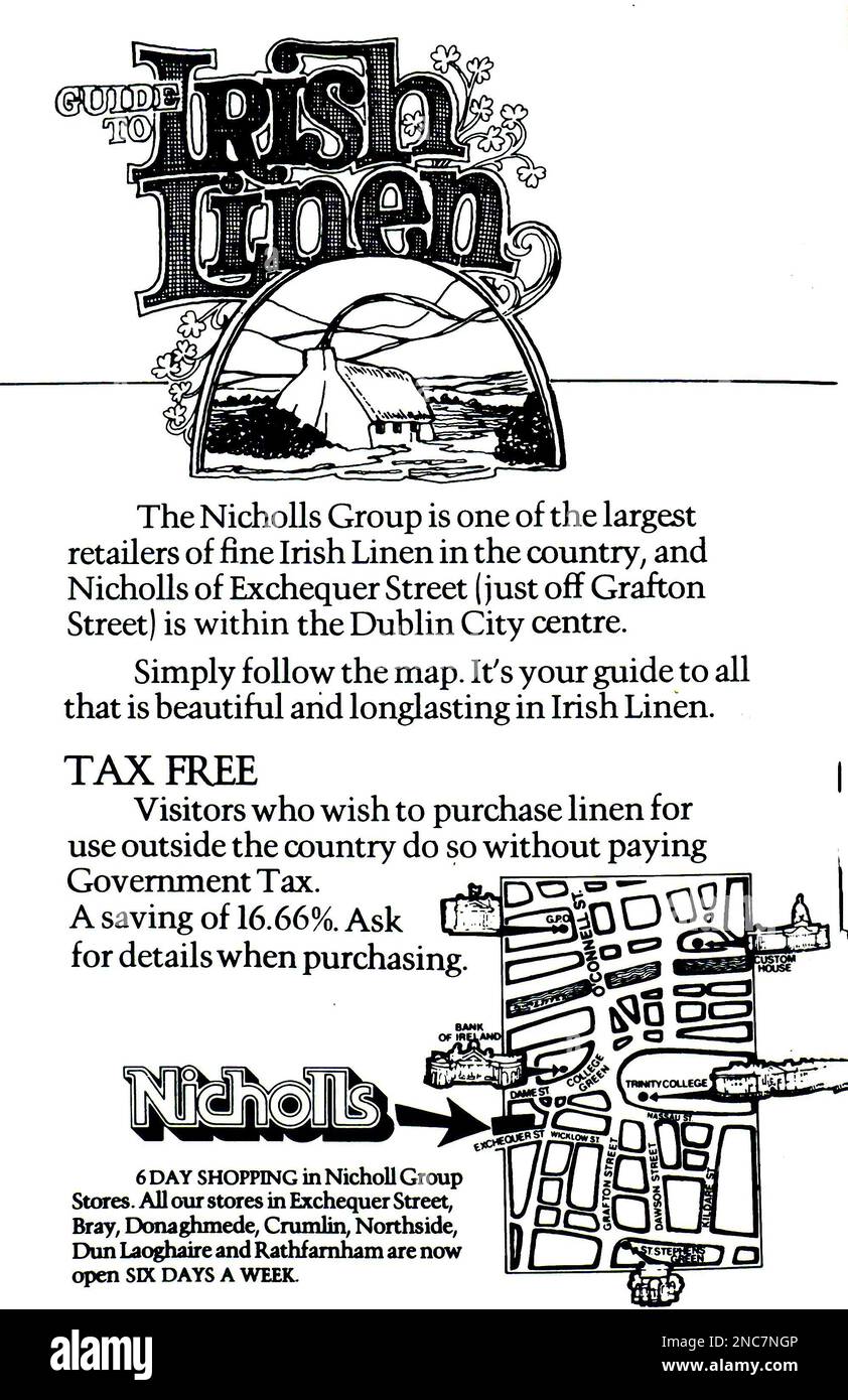 A 1979 advertisement for Nicholl Group Stores operating then from a number of locations in Dublin, Ireland. They have one store in Rathfarnham currently trading and with an online presence. They describe themselves in 1979 as one of the largest retailers of Irish Linen. Stock Photo
