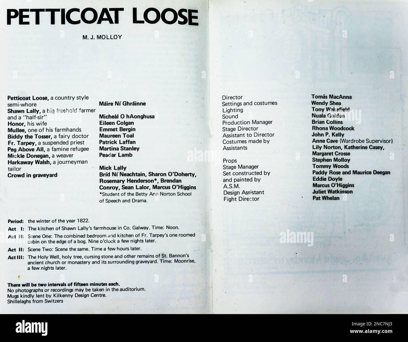 The Cast list for the 1979 production of Petticoat Loose, by M J Molloy, in the Abbey Theatre, Dublin, Ireland. Director Tomás MacAnna. Stock Photo