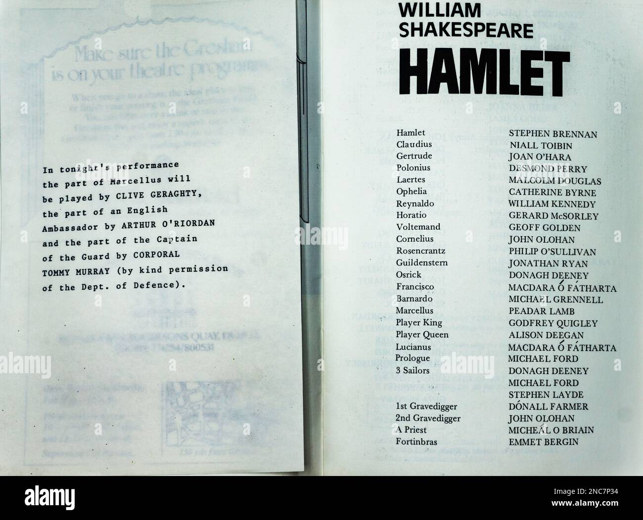 The Cast list (part 1) for the 1983 production of William Shakespeares, Hamlet, in The Abbey Theatre, Dublin, Ireland. Director Michael Bogdanov. Stock Photo
