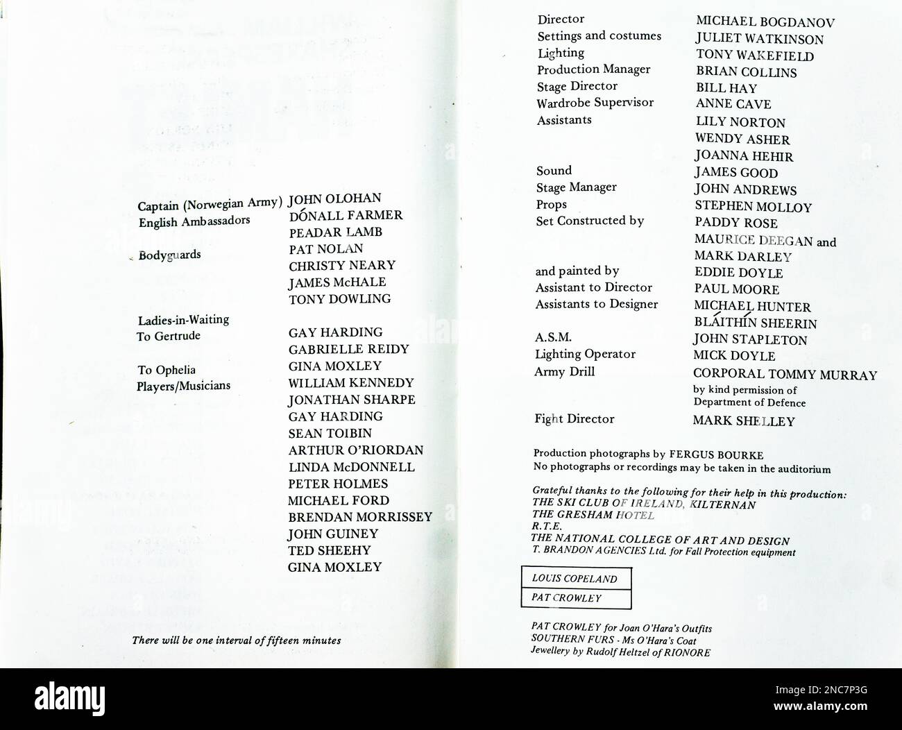 The Cast list (part 2 for the 1983 production of William Shakespeares, Hamlet, in The Abbey Theatre, Dublin, Ireland. Director Michael Bogdanov. Stock Photo