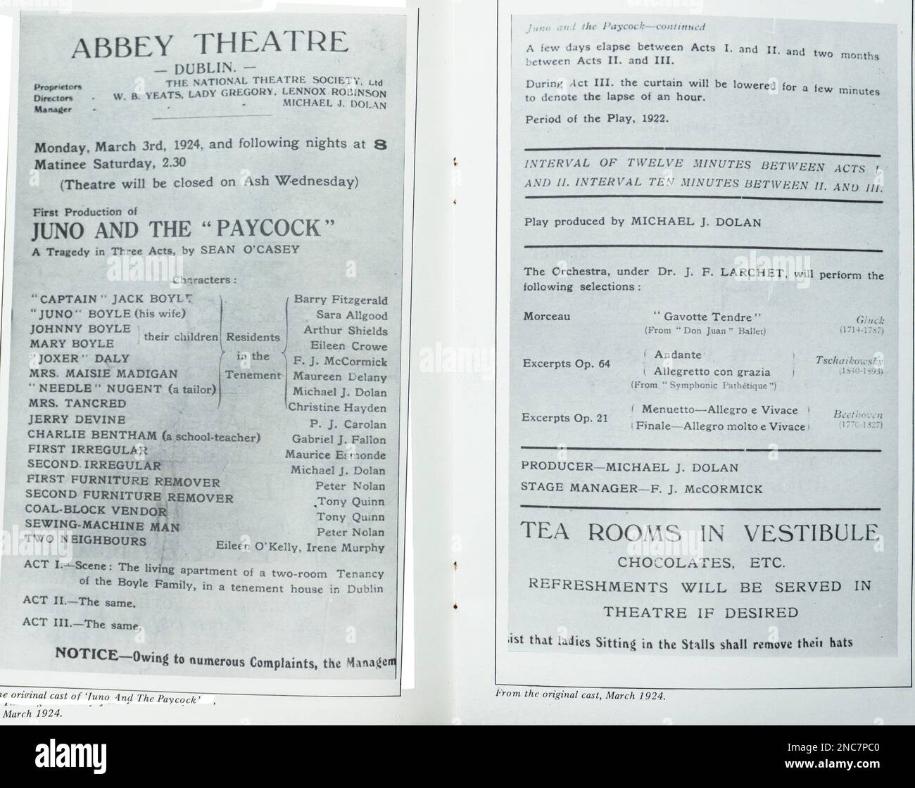 The cast list for the 1924 production of Juno and the Paycock, in The Abbey Theatre, Dublin, Ireland.Producer Michael J Dolan. The document is a piece of social history in itself. There was a orchestra playing and the programme contains  a warning about ladies in the front row wearing hats and blocking the view. Stock Photo