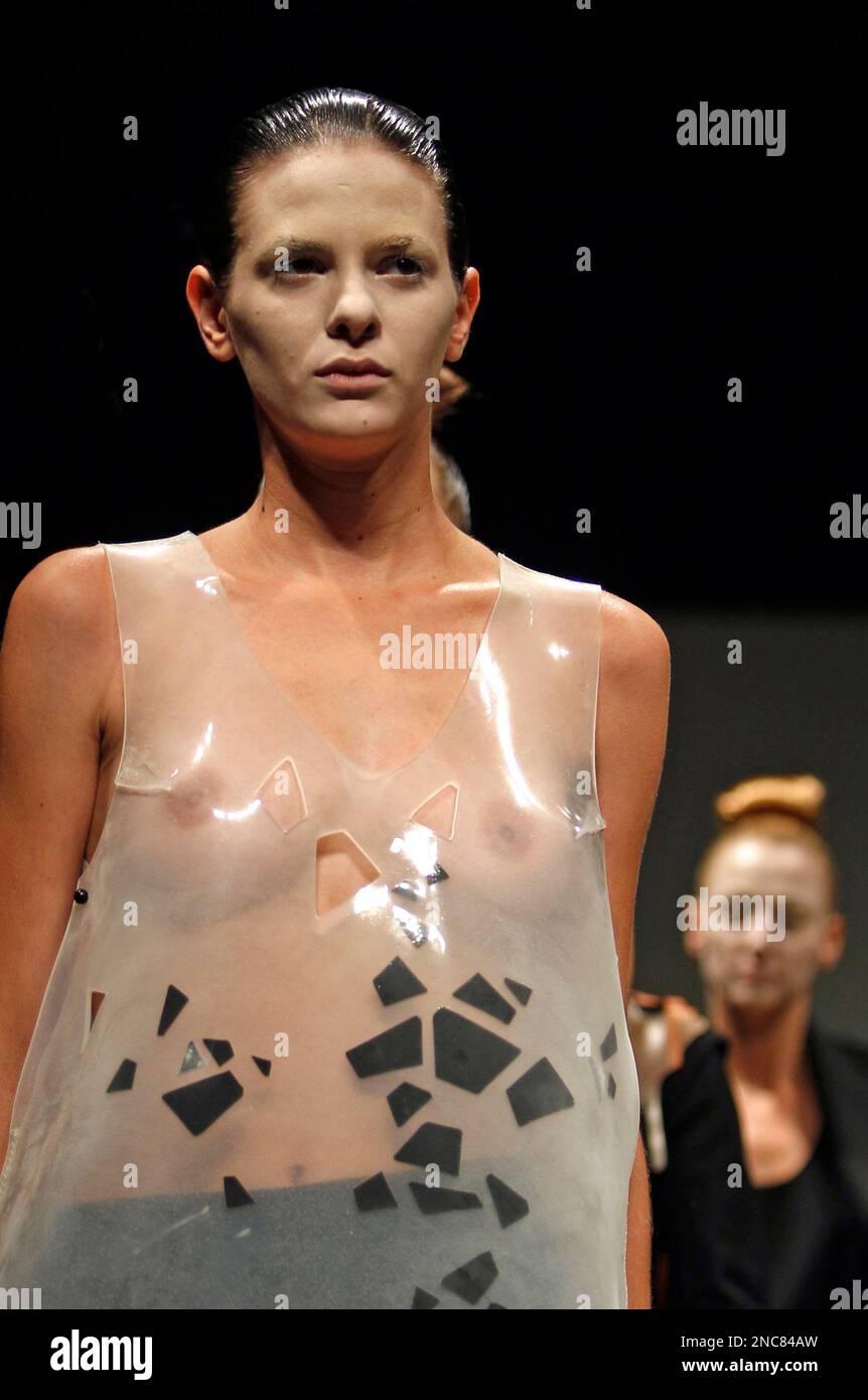 EDS NOTE NUDITY A model displays a design by fashion design students from  Buenos Aires University during Buenos Aires Fashion Week in Buenos Aires,  Argentina, Tuesday, Feb. 22, 2011. (AP PhotoNatacha Pisarenko
